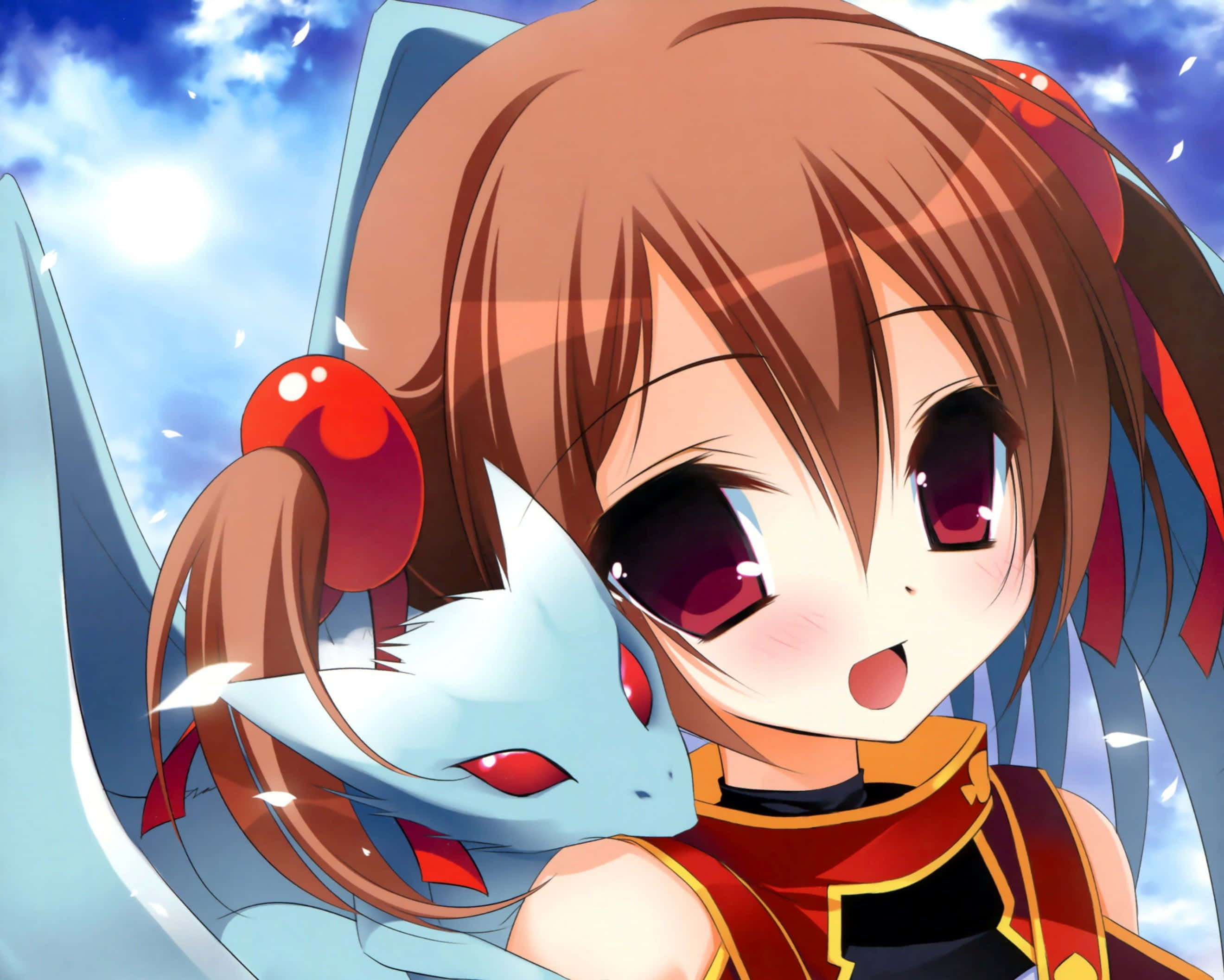 Sword Art Online Silica 桌布 壁紙 — 一個開朗的動漫女孩，棕色頭髮和紅色眼睛，在明亮的陽光天空下擁抱一隻藍色的小狐狸般生物。