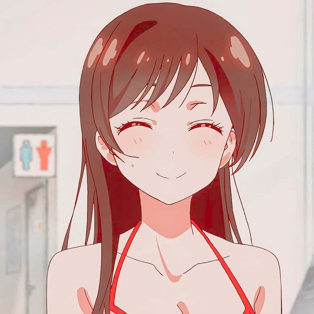 Chizuru Maihara 桌布 壁紙 — 一個開朗的動漫女孩，棕色頭髮和紅色眼睛，在浴室環境中溫暖地微笑。