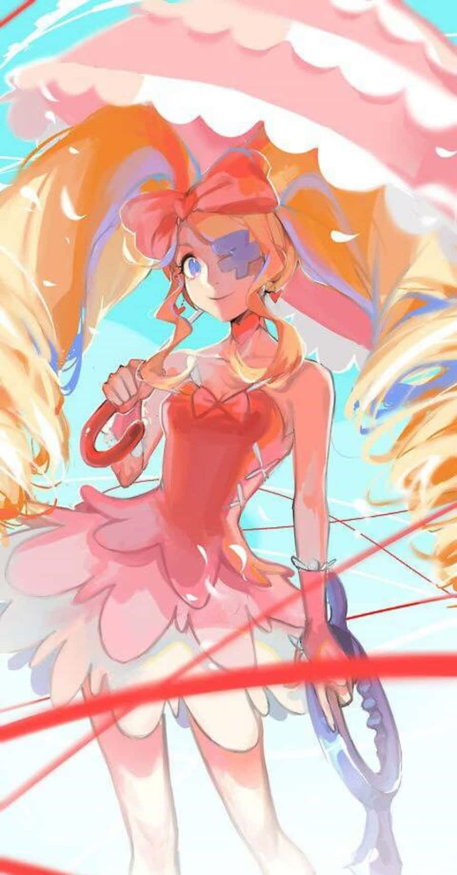 Nui Harime 桌布 壁紙 — 一個開朗的動漫女孩，橙色頭髮和紅色蝴蝶結，在明亮的粉彩天空下揮舞著紅色雨傘。