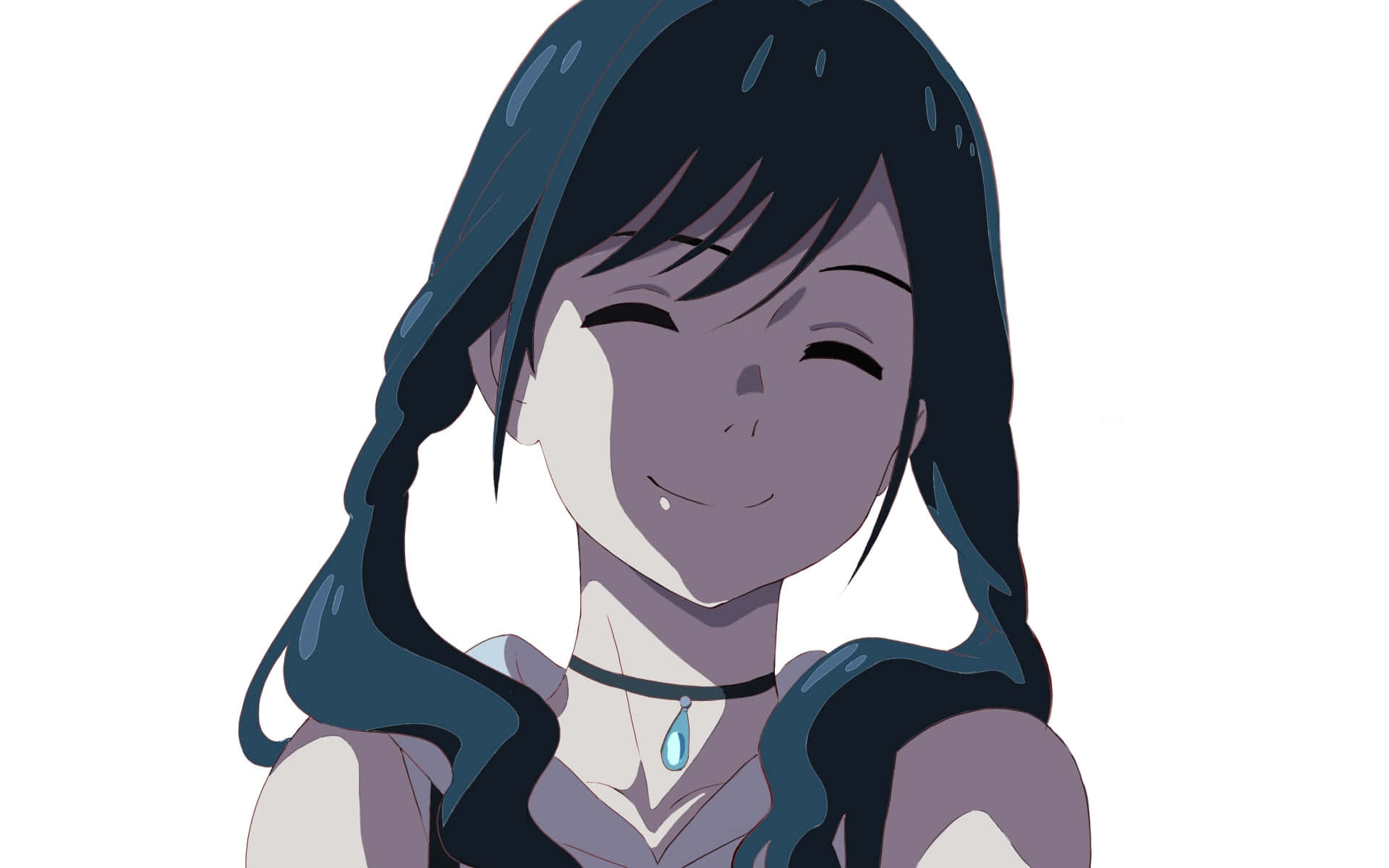 Weathering With You 桌布 壁紙 — 一個開朗的動漫女孩，深藍色辮子頭髮和淚滴形吊墜，在純白色背景上溫暖地微笑。