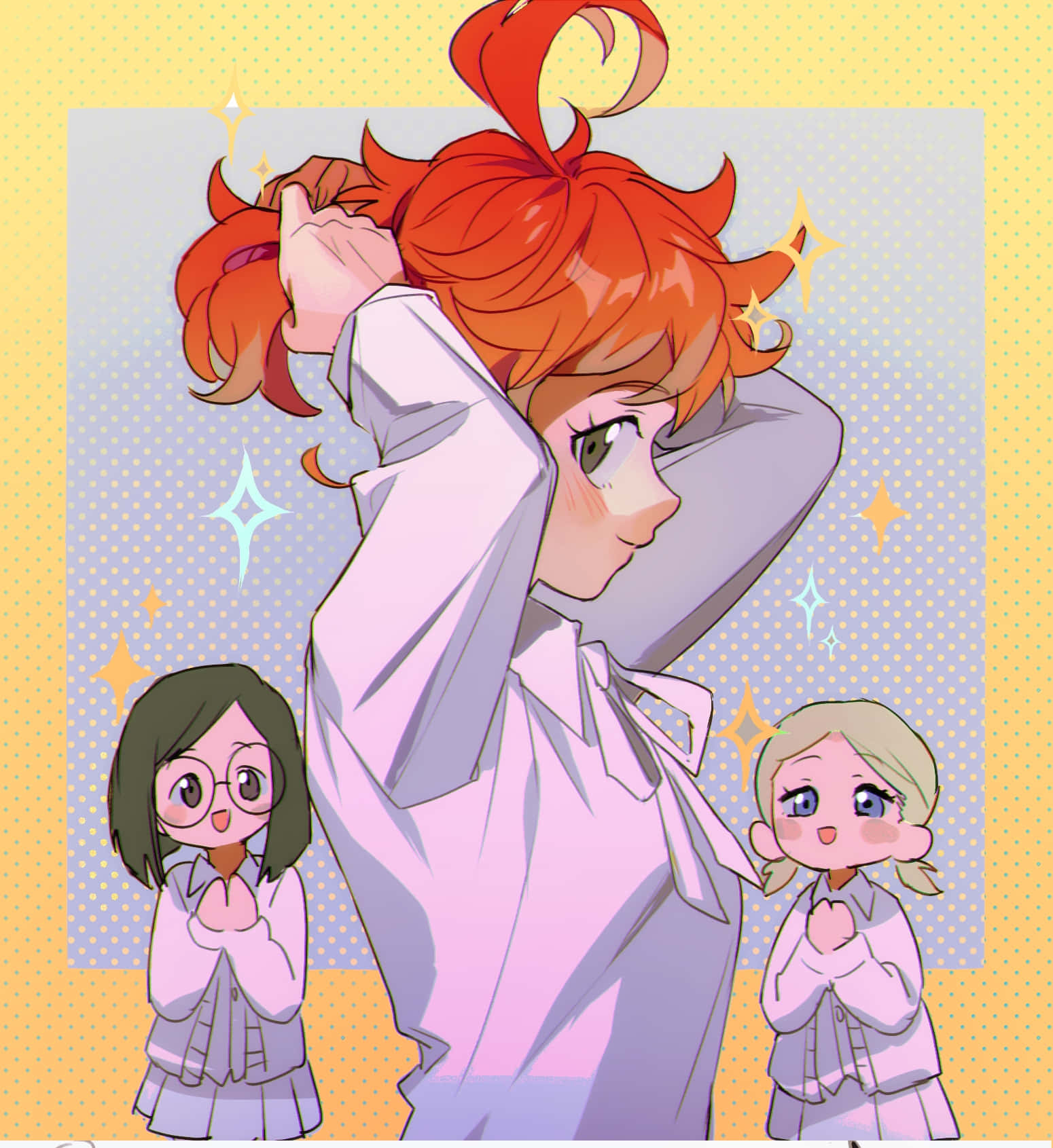The Promised Neverland Gilda 桌布 壁紙 — 一個開朗的動漫女孩，火紅的頭髮紮成高馬尾，微笑著，兩個穿著相配服裝的小女孩崇拜地抬頭看著她。