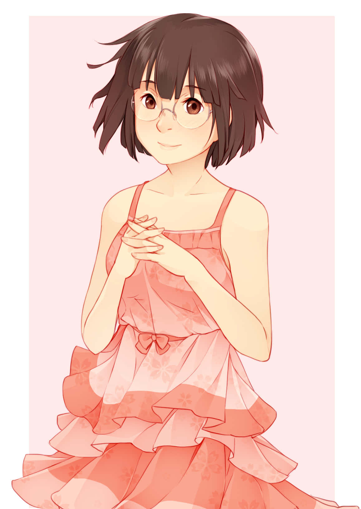 Anri Sonohara 桌布 壁紙 — 一個開朗的動漫女孩，短棕髮戴眼鏡，穿著分層粉紅色連衣裙，背景是柔和的粉紅色。