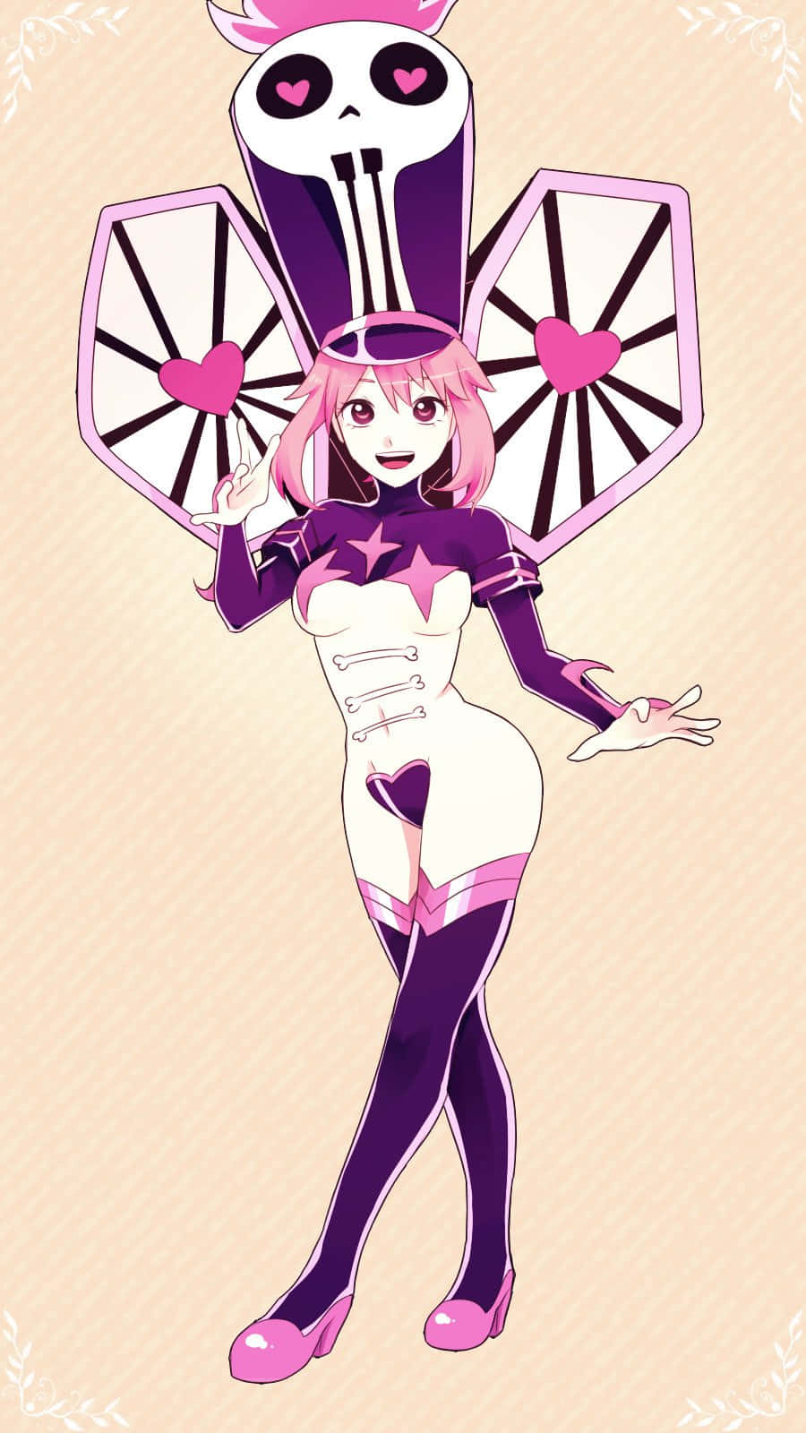 Nonon Jakuzure 桌布 壁紙 — 一個開朗的動漫女孩，粉紅色頭髮，戴著骷髏頭飾，在柔和的米色背景前揮舞著心形裝飾的盾牌。
