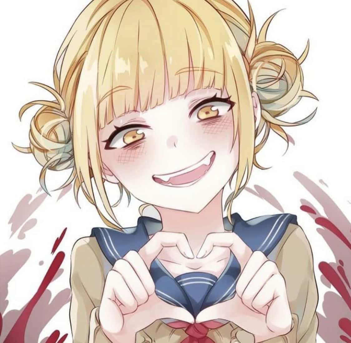 Toga 桌布 壁紙 — 一個開朗的動漫女孩，紮著金色雙馬尾，在潑濺的紅色背景前用手比出心形，露出燦爛的笑容。