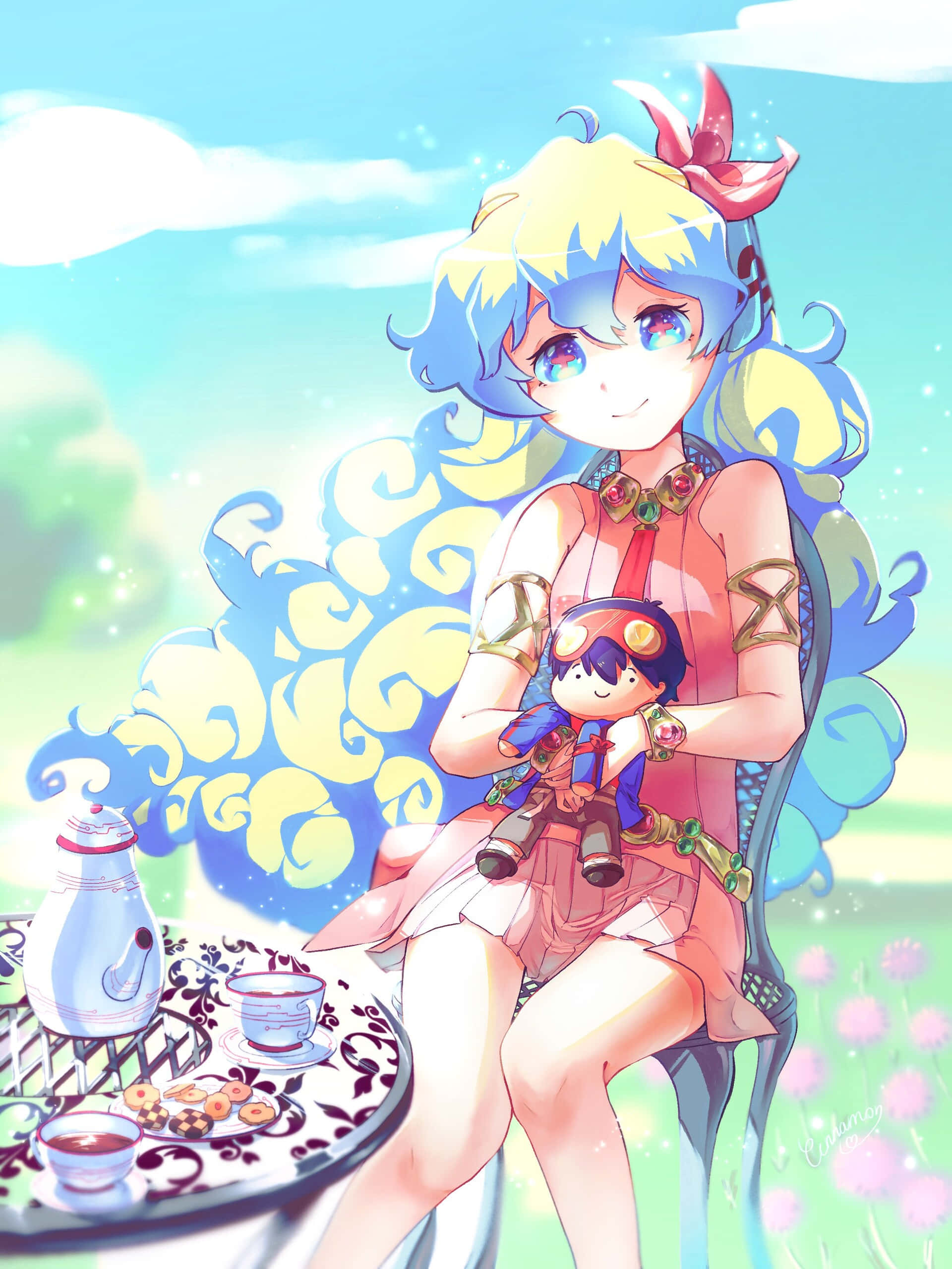 Nia Teppelin 桌布 壁紙 — 一個開朗的動漫女孩，藍黃色頭髮，坐在戶外，拿著一個小娃娃，旁邊放著茶具，天空明亮。
