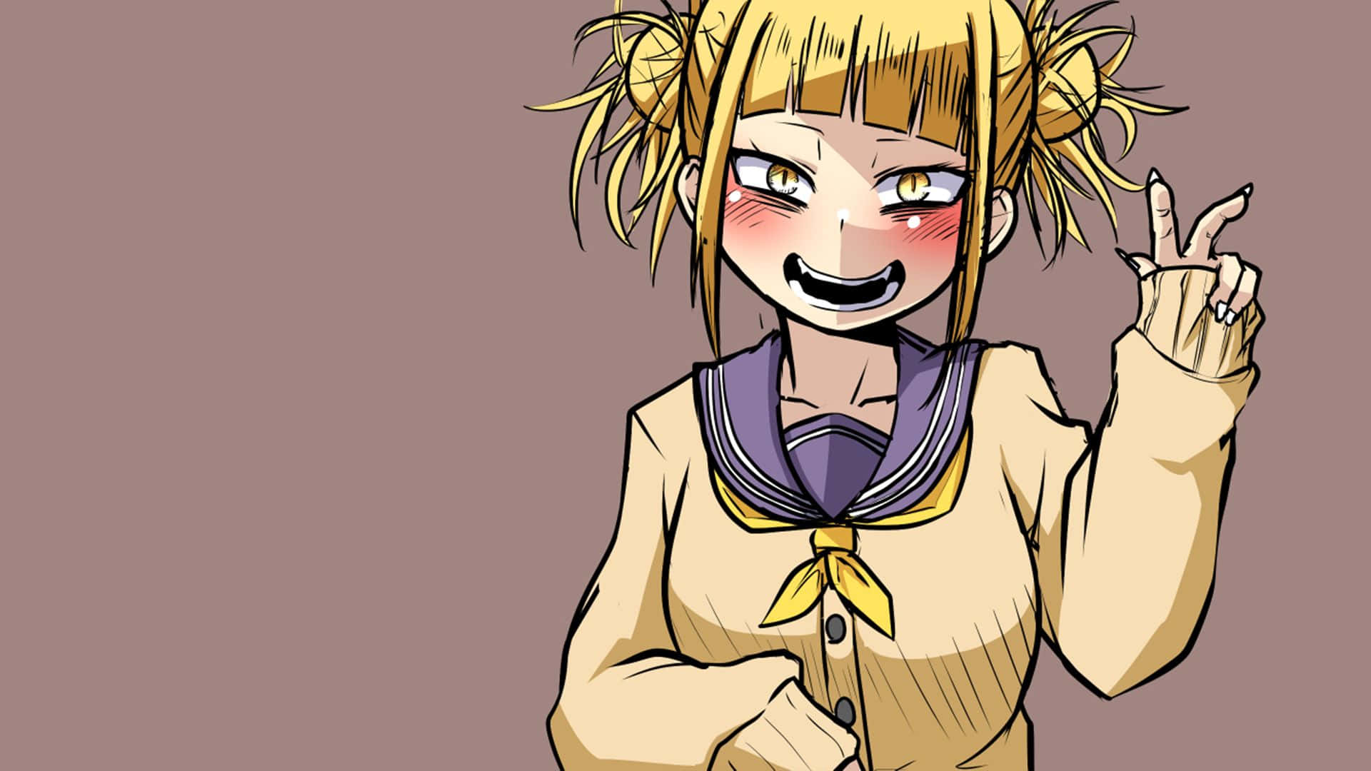 Toga 桌布 壁紙 — 一個開朗的動漫女孩，金色雙馬尾，穿著水手服，微笑著比出和平手勢。