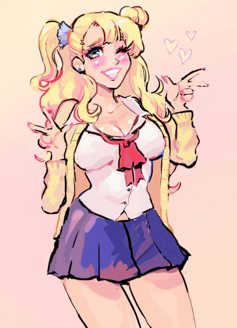 Gyaru 桌布 壁紙 — 一個開朗的動漫女孩，金色雙馬尾，穿著水手服，微笑著比出和平手勢。