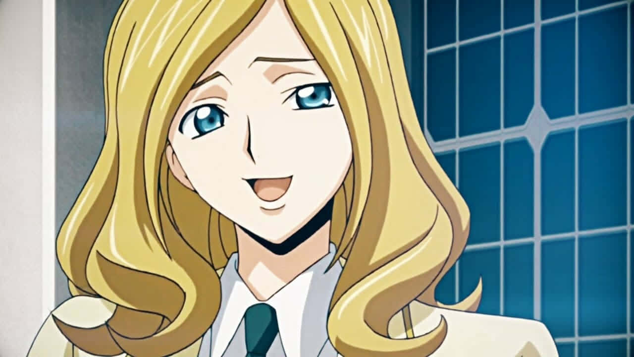 Milly Ashford 桌布 壁紙 — 一個開朗的動漫女孩，金髮藍眼，穿著校服，在藍色瓷磚牆前溫暖地微笑。