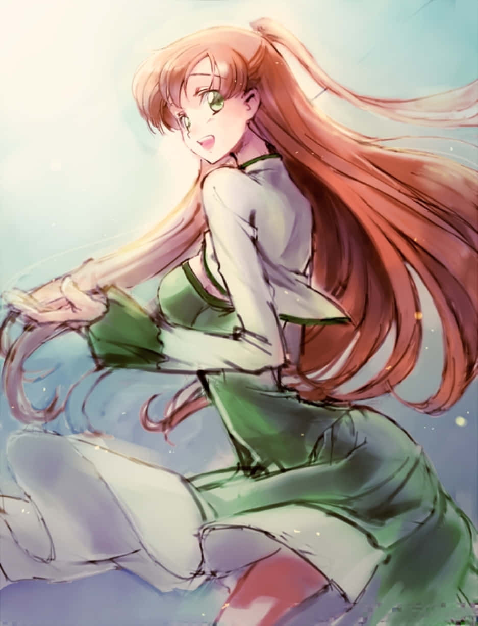Shirley Fenette 桌布 壁紙 — 一個開朗的動漫女孩，長著飄逸的栗色長髮和綠色眼睛，在柔和發光的背景前以動態姿勢蹲下微笑。