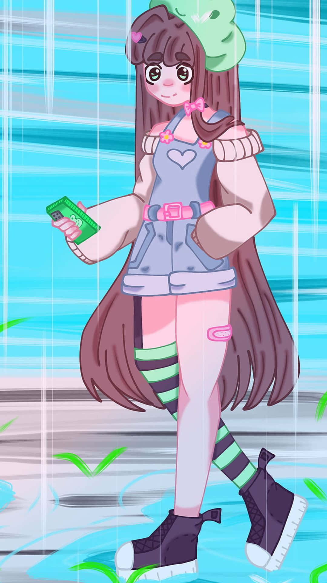 Kawaii Art 桌布 壁紙 — 一個開朗的動漫女孩，長長嘅棕色頭髮，戴住綠色葉帽，企喺淺水入面，攞住一個綠色盒，背景係明亮嘅藍天，有光線劃過。
