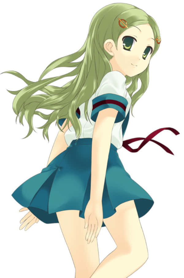 Emiri Kimidori 桌布 壁紙 — 一個開朗的動漫女孩，長長的綠色頭髮和綠色眼睛，穿著藍白相間的校服，在純白色背景上微笑。