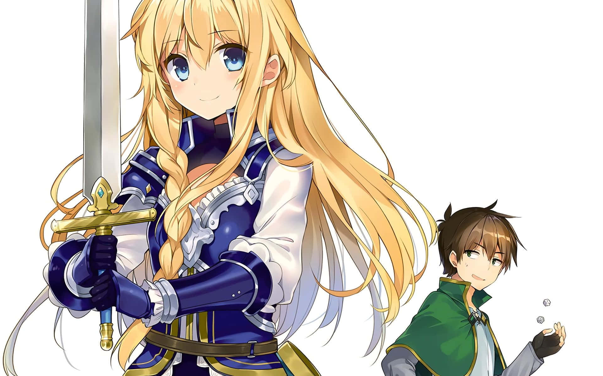 Konosuba God's Blessing On This Wonderful World 桌布 壁紙 — 一個開朗的動漫女孩，長長的金髮揮舞著劍，而一個穿著綠色斗篷的男孩在她旁邊看著。