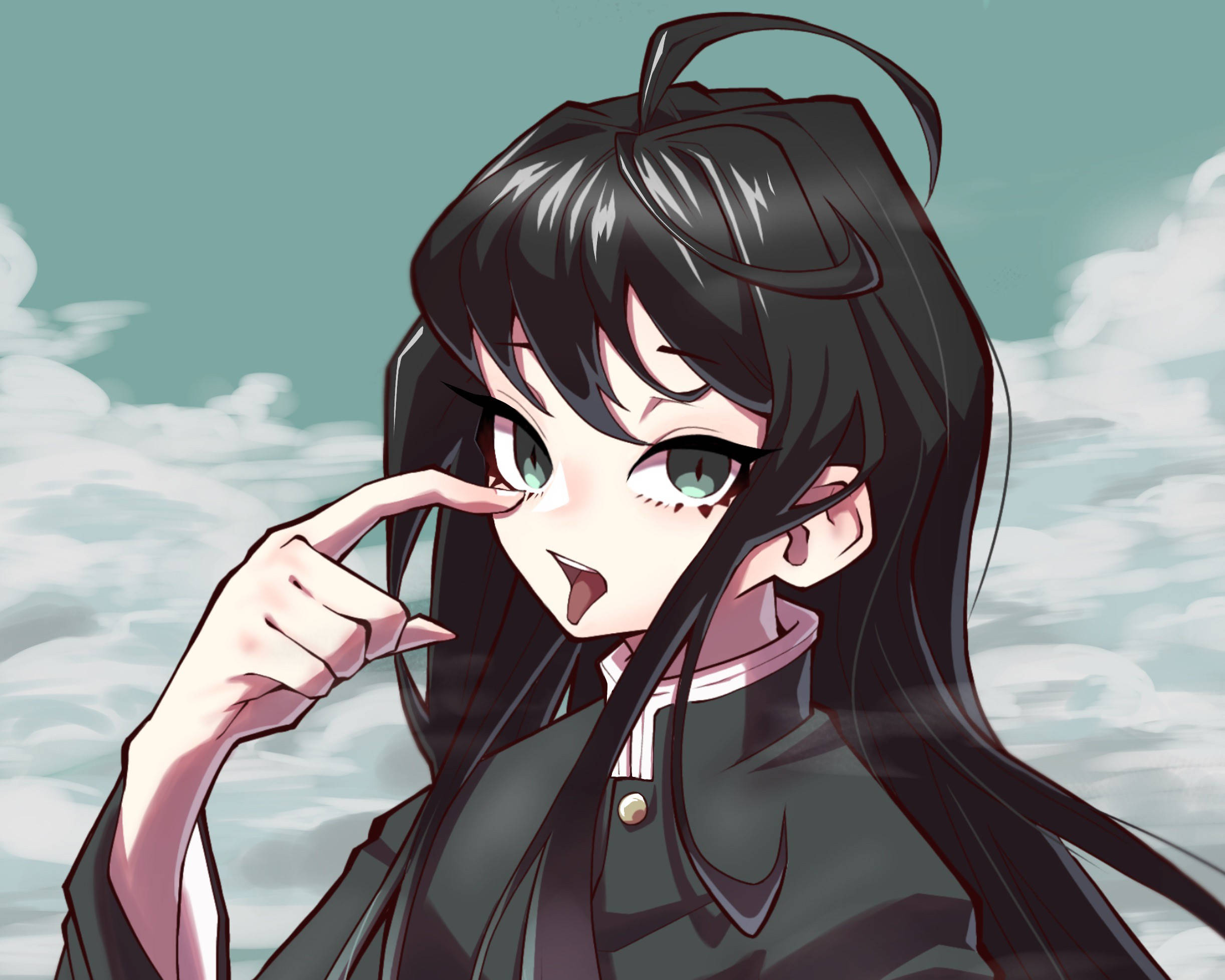 Muichiro 桌布 壁紙 — 一個開朗的動漫女孩，長長的黑髮和綠色的眼睛，在陰天青綠色的天空下頑皮地指著自己的眼睛。