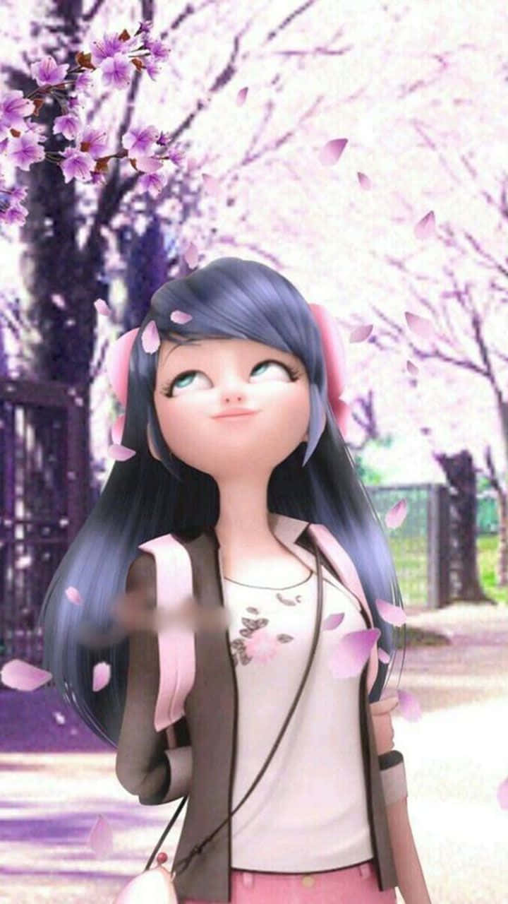 Marinette 桌布 壁紙 — 一個開朗的動漫女孩，長長的黑髮和粉紅色的耳罩，在柔和的紫色花園中飄落的櫻花下微笑。