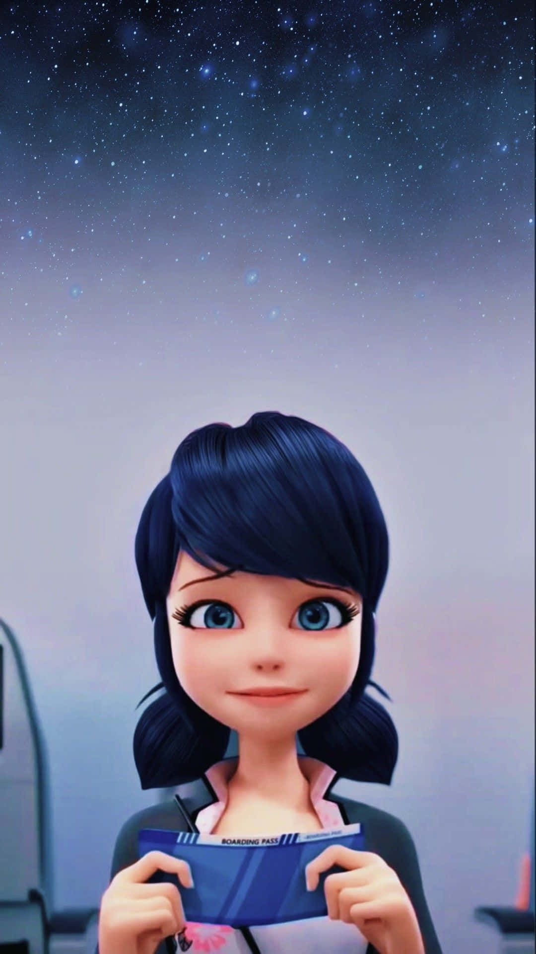 Marinette 桌布 壁紙 — 一個開朗的動漫女孩，黑髮藍眼，在星空下拿著登機證。