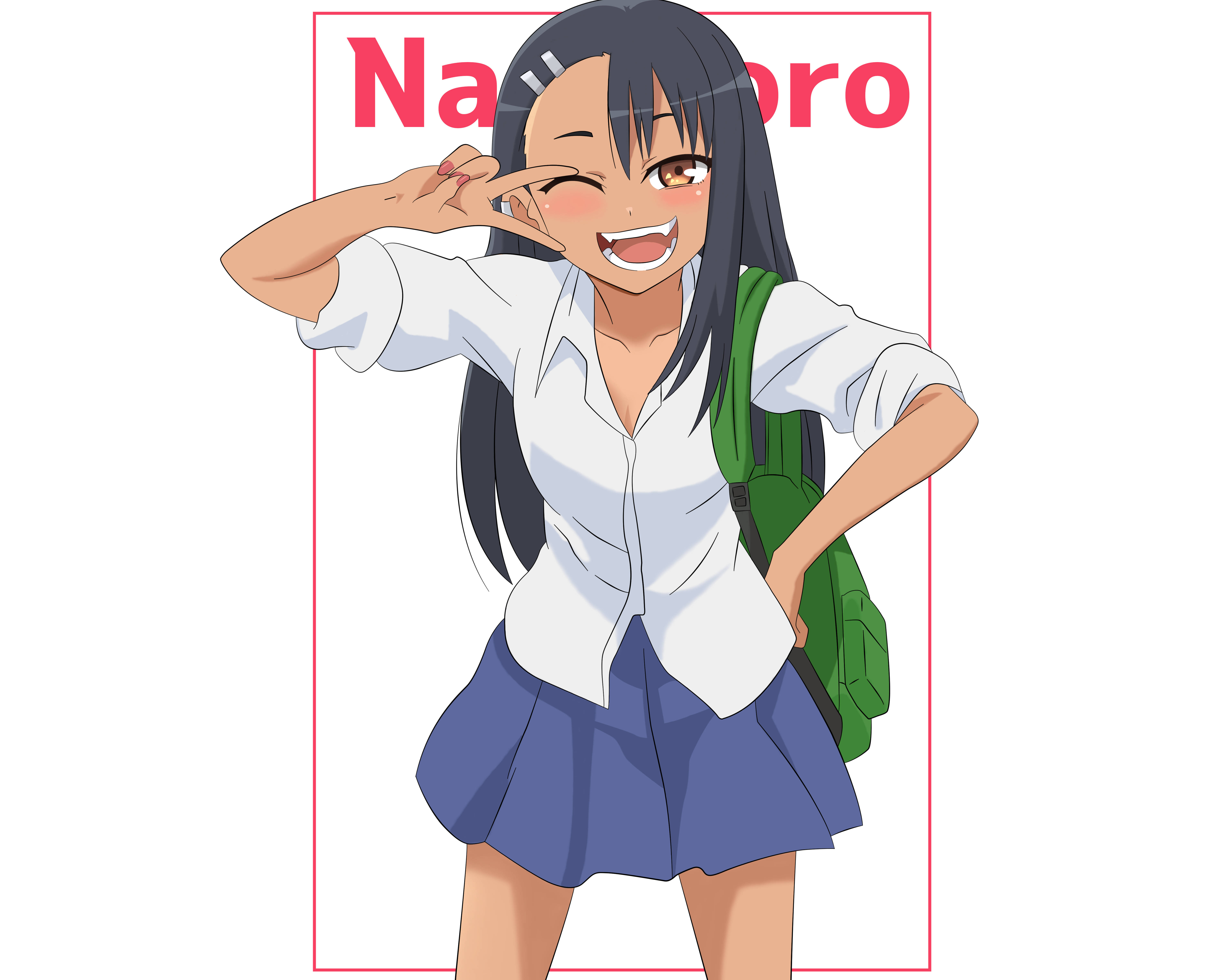 長瀞 桌布 壁紙 — 一個開朗的動漫女學生穿著校服，眨眼並做出和平手勢，背著綠色背包。