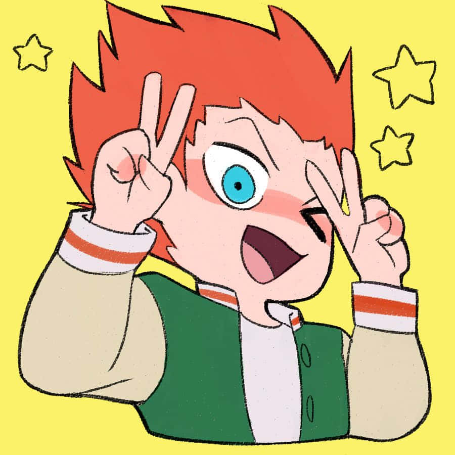 Sho Suzuki 桌布 壁紙 — 一個開朗的動漫男孩，有著尖刺的紅髮和一隻藍眼睛，在明亮的黃色背景上比出和平手勢，背景有星星。