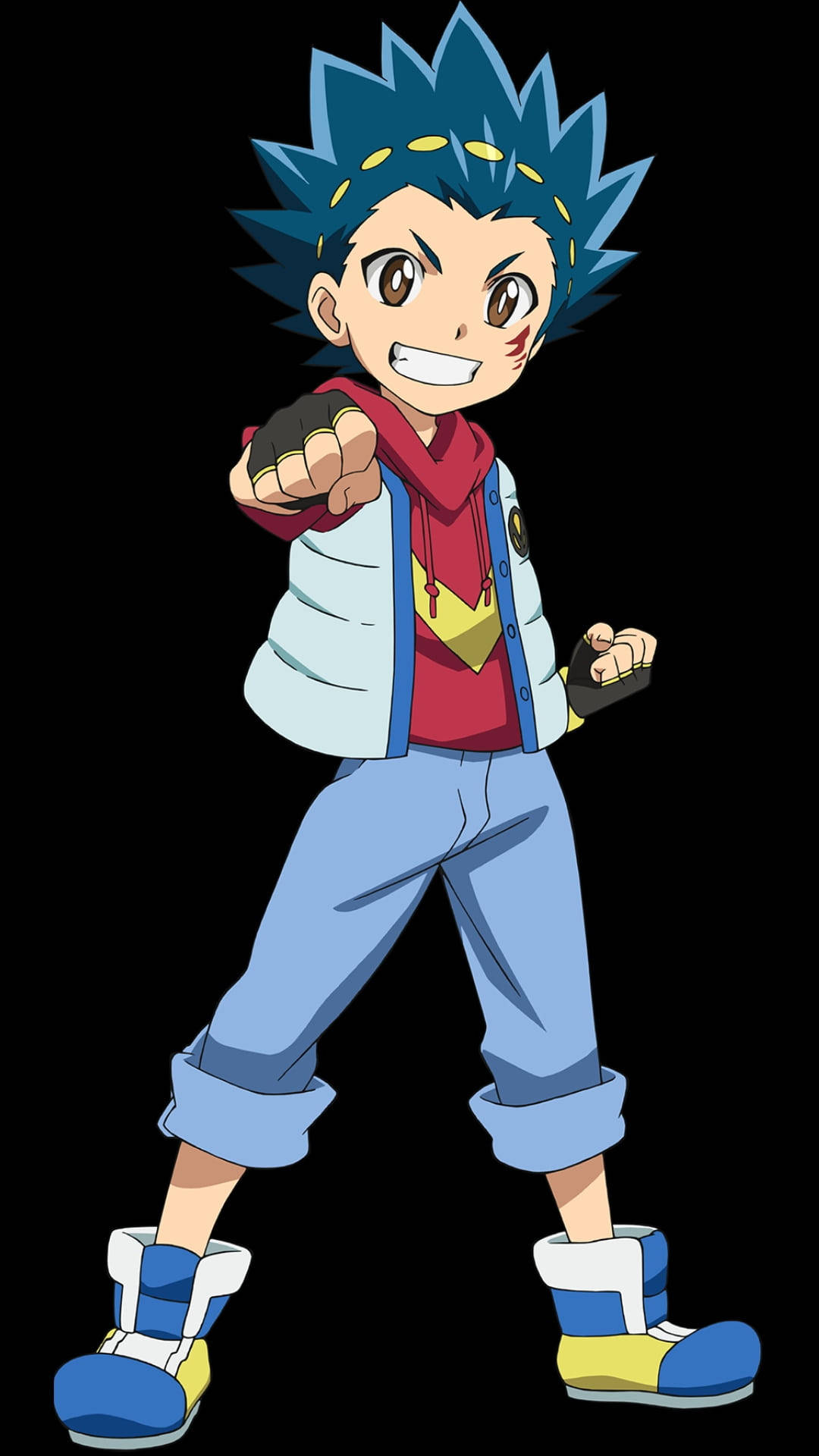 Beyblade 桌布 壁紙 — 一個開朗的動漫男孩，有著尖刺的藍色頭髮和紅色連帽衫，在黑色背景前自信地咧嘴笑著指向前方。