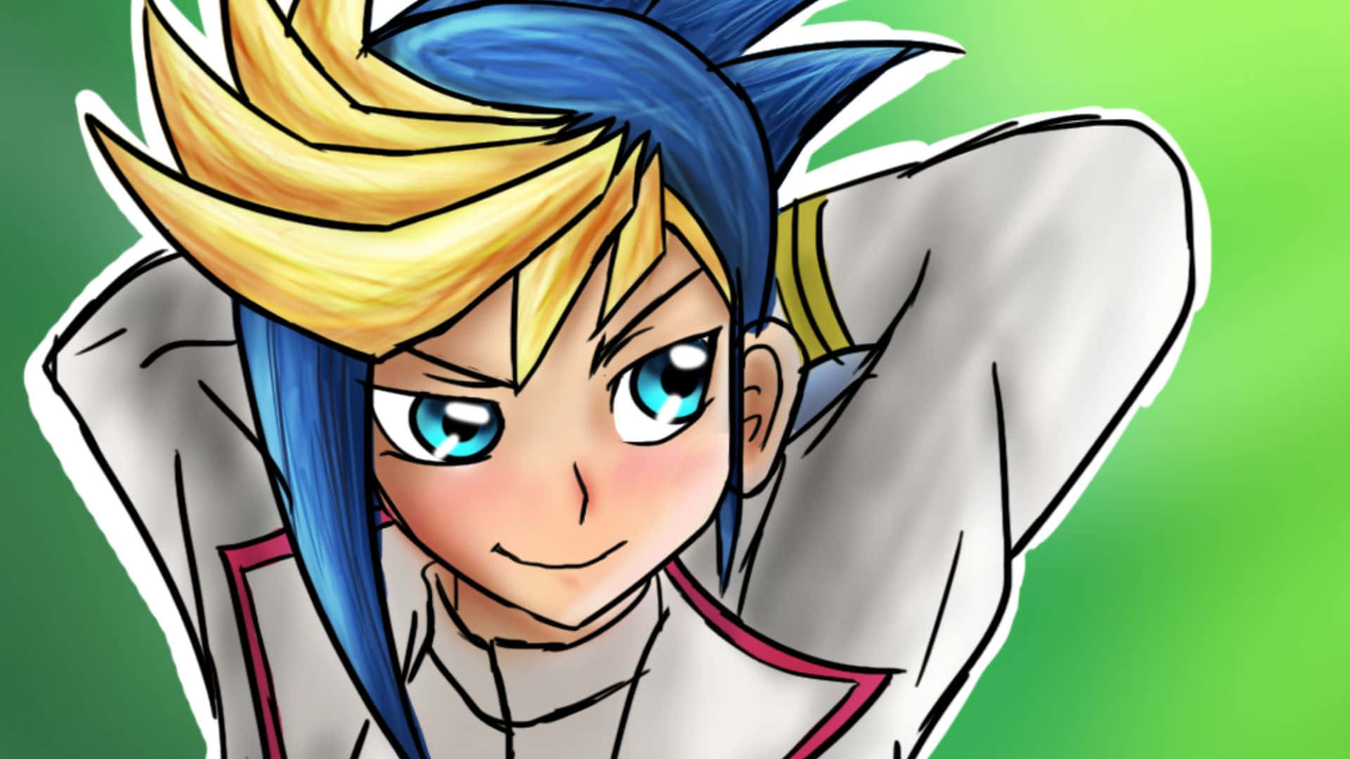 Yu-gi-oh Yugo 桌布 壁紙 — 一個開朗的動漫角色，擁有尖刺的藍色和金色頭髮以及明亮的藍色眼睛，在充滿活力的綠色背景前自信地微笑。