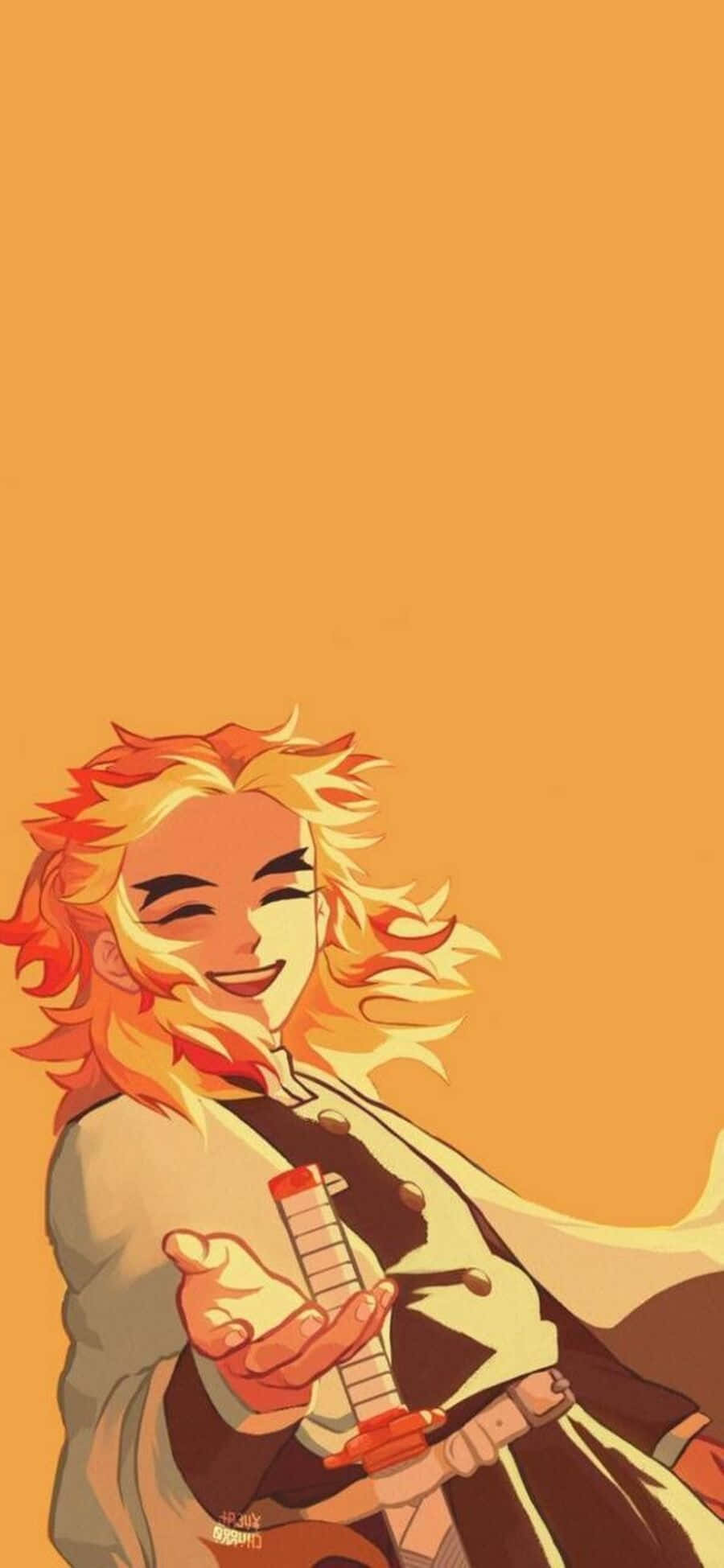 Rengoku Minimalist 桌布 壁紙 — 一個開朗的動漫角色，擁有火紅橙色頭髮和一把劍，在純橙色背景上溫暖地微笑。
