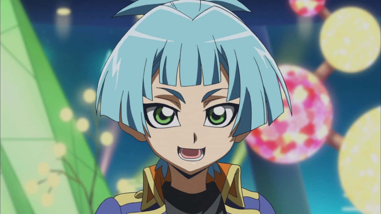 Sora Shiunin 桌布 壁紙 — 一個開朗的動漫角色，藍色頭髮和綠色眼睛，在色彩繽紛的發光背景前燦爛微笑。