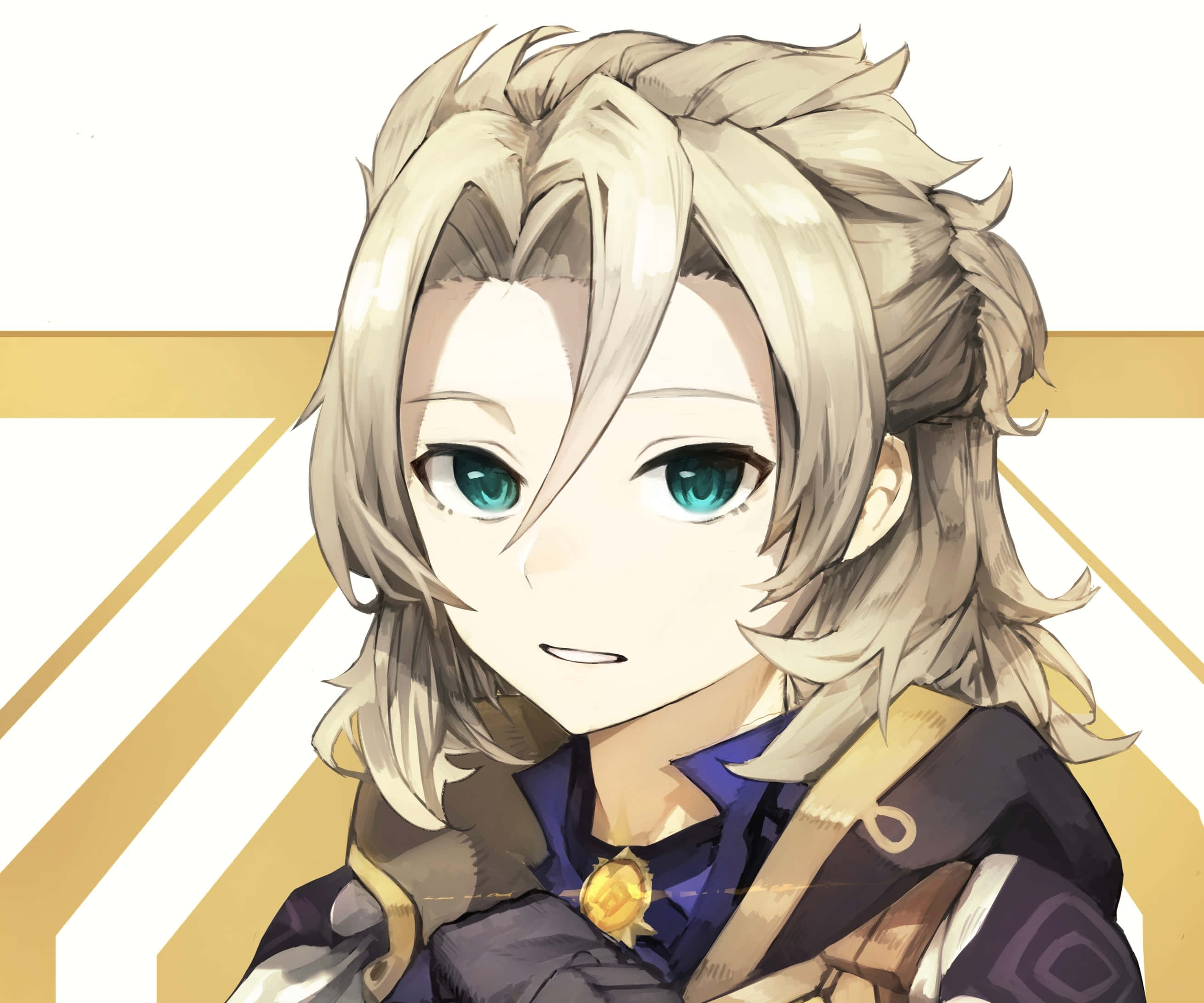 Genshin Impact Albedo 桌布 壁紙 — 一個開朗的動漫角色，金髮碧眼，在金色和白色的幾何背景前溫柔微笑。