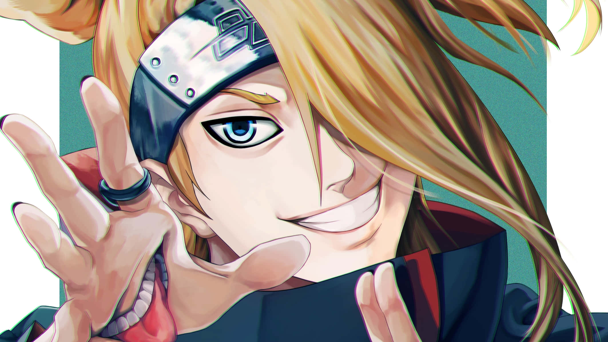 Akatsuki X Deidara 桌布 壁紙 — 一個開朗的動漫角色，金髮藍眼，戴著頭帶比出和平手勢。
