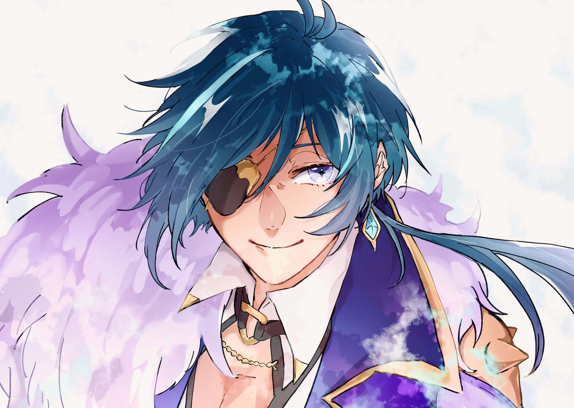 Kaeya 桌布 壁紙 — 一個開朗的動畫海盜，擁有青綠色頭髮和紫色毛皮襯裡外套，在柔和天空背景下溫暖微笑。