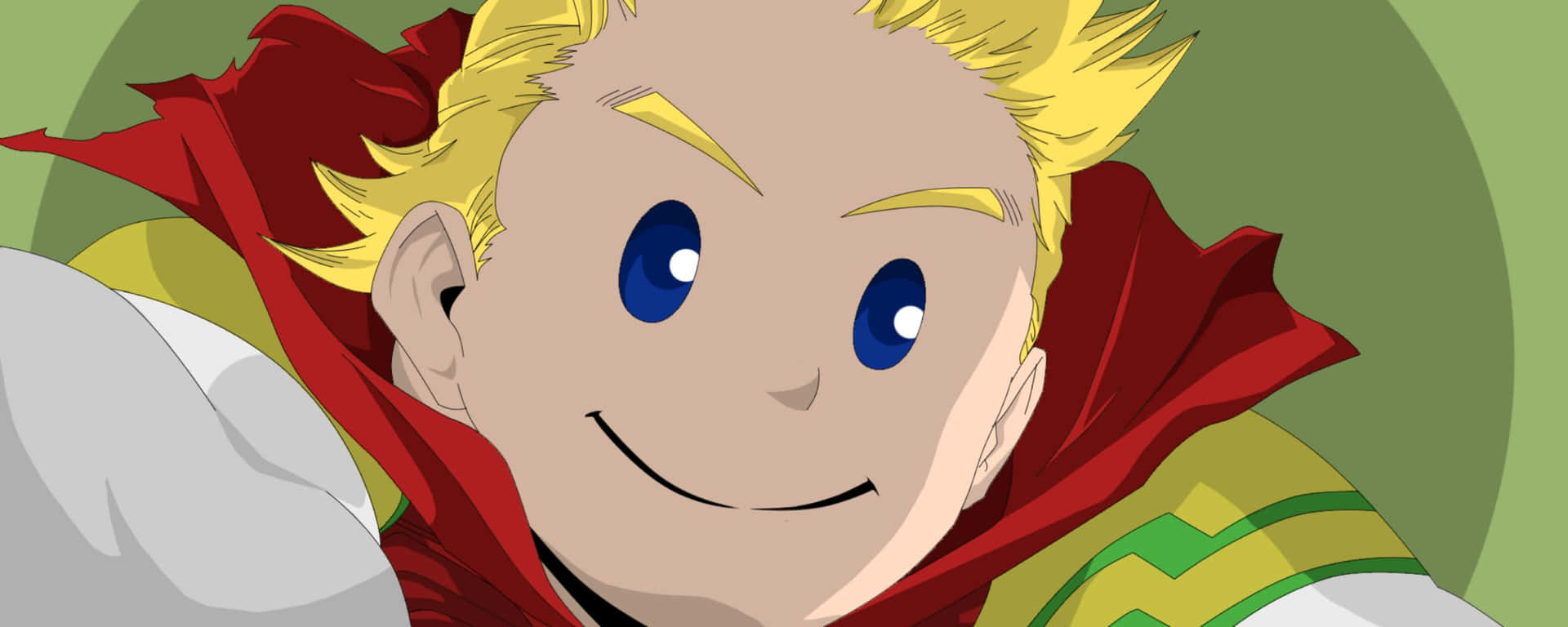 Mirio Togata 桌布 壁紙 — 一個開朗的動畫男孩，有著尖刺金髮和藍色眼睛，在飄逸的紅色斗篷下溫暖地微笑。