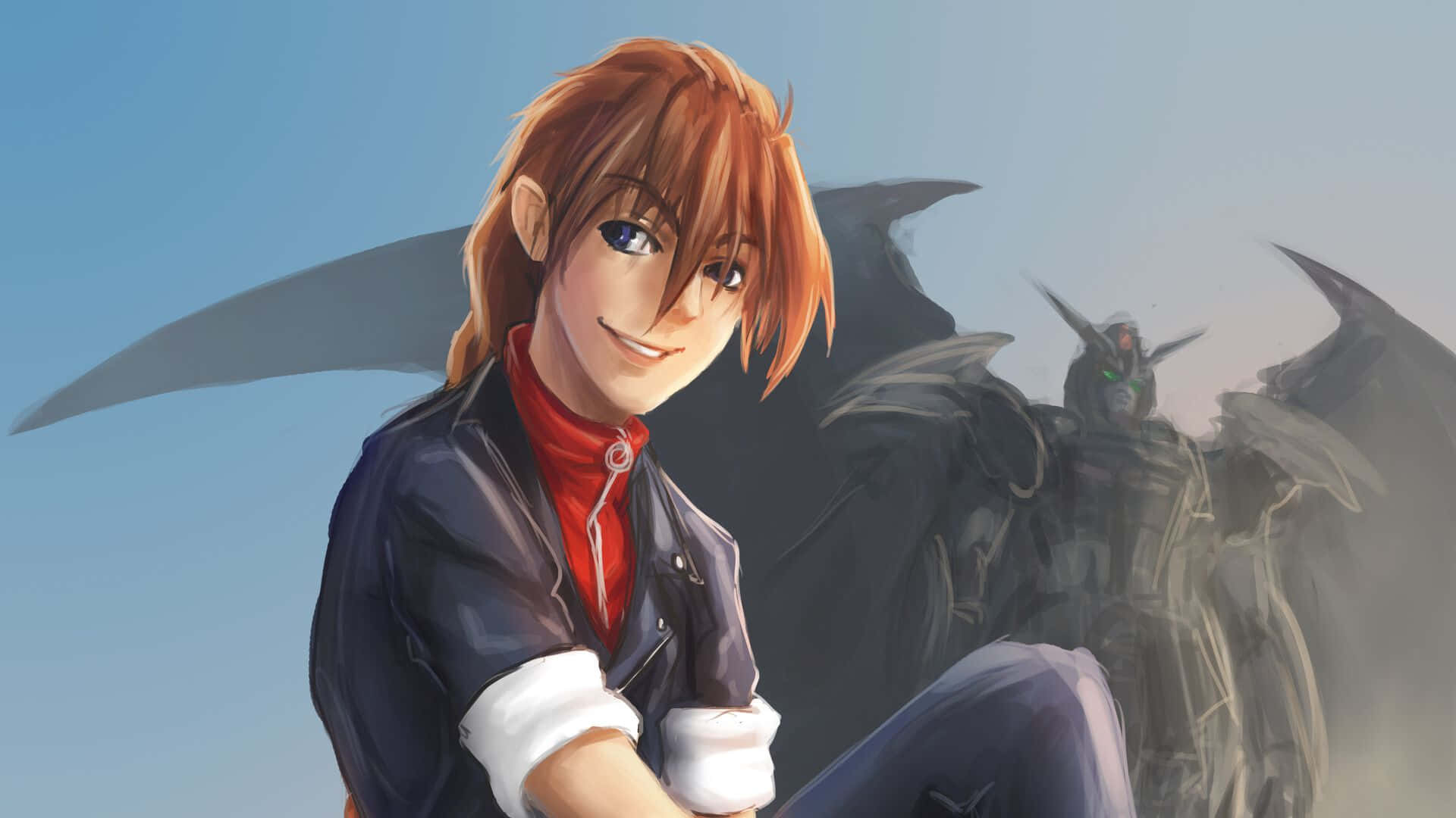 Duo Maxwell 桌布 壁紙 — 一個開朗的動畫男孩，橙色頭髮，穿著紅色襯衫，對著觀眾微笑，背後有一個黑暗的有翼機甲在晴朗的藍天下若隱若現。