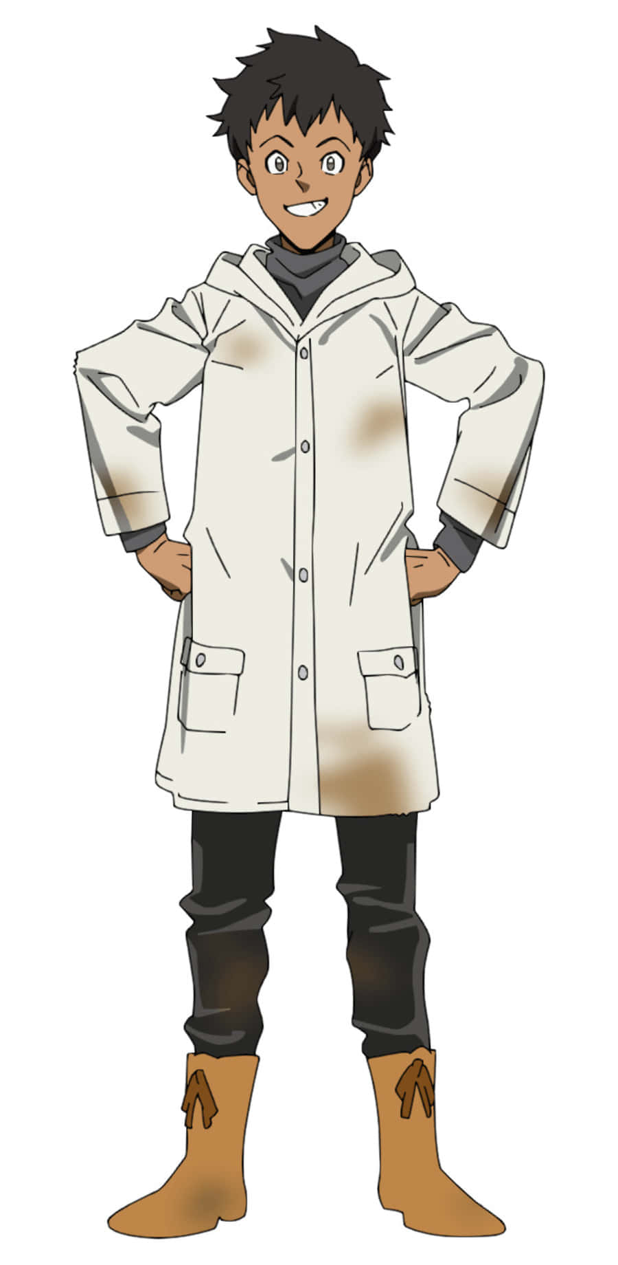 The Promised Neverland Don 桌布 壁紙 — 一個開朗的動畫男孩穿著有污漬的白色實驗室外套，雙手叉腰，自信地站在純白色背景前。