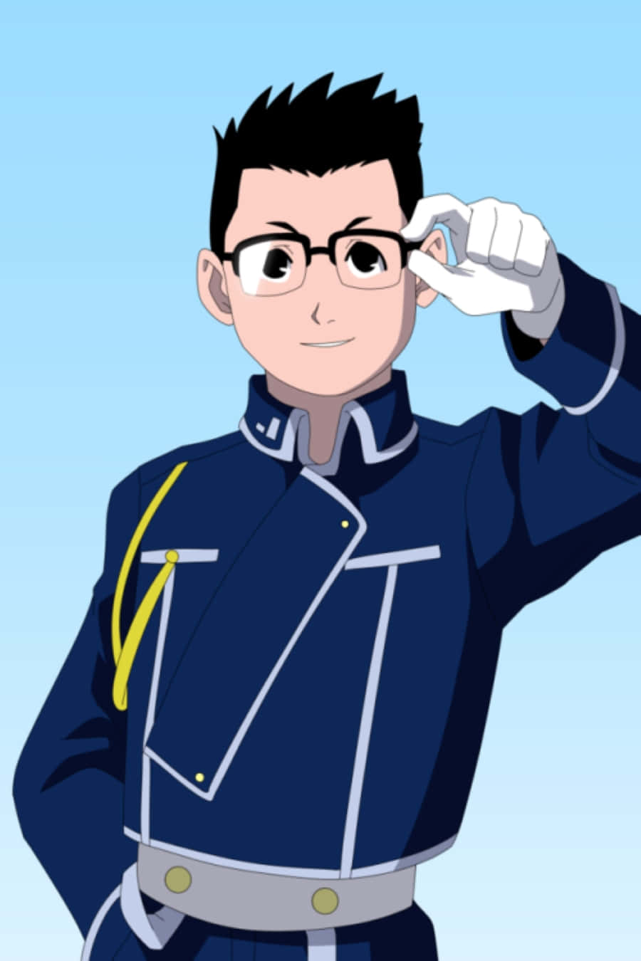Kain Fuery 桌布 壁紙 — 一個開朗的動畫男孩穿著海軍制服，在柔和的藍色背景前調整眼鏡。