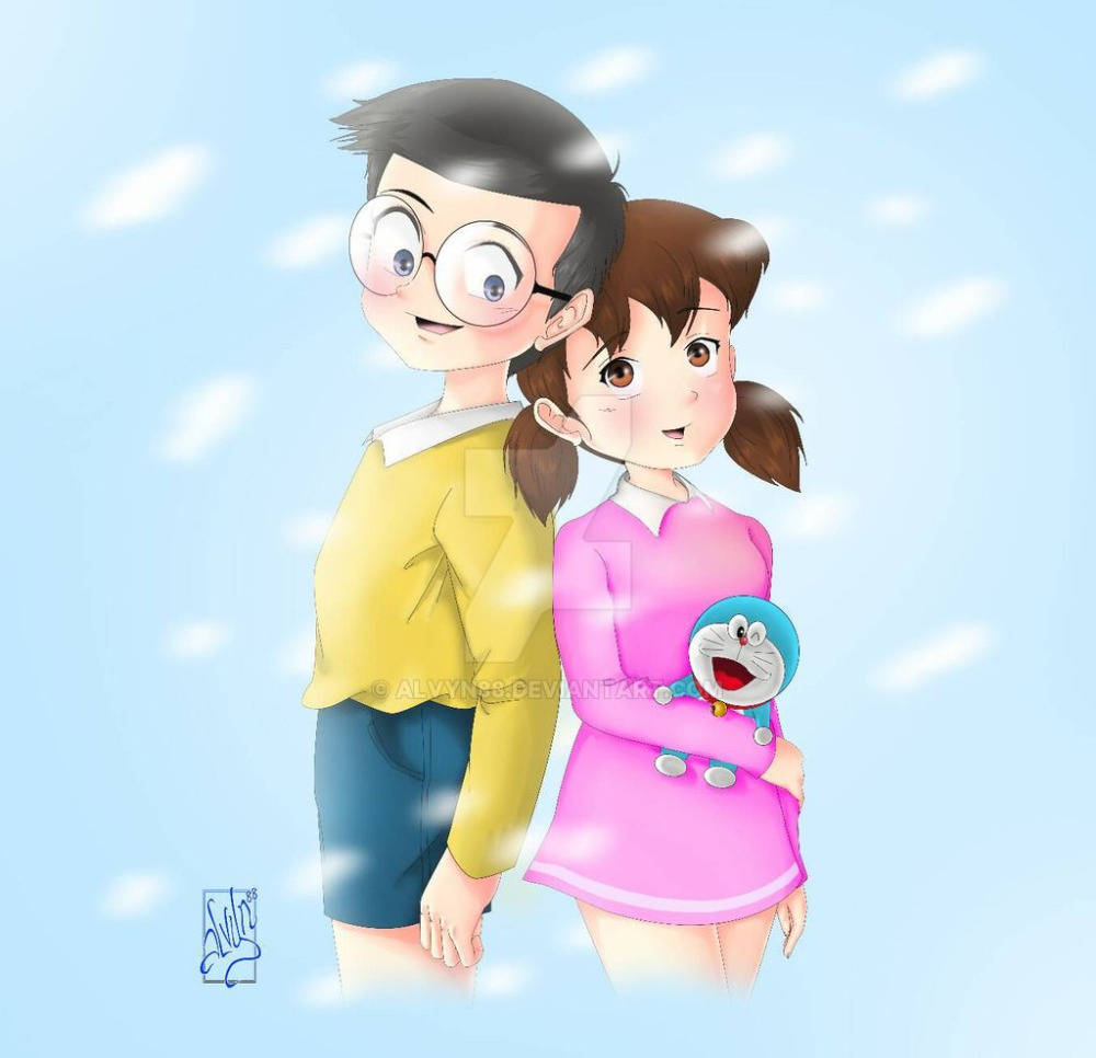 Doraemon 桌布 壁紙 — 一個開朗的動畫風格男孩和女孩在雪景中緊密站在一起，女孩抱著一隻藍色機械貓。