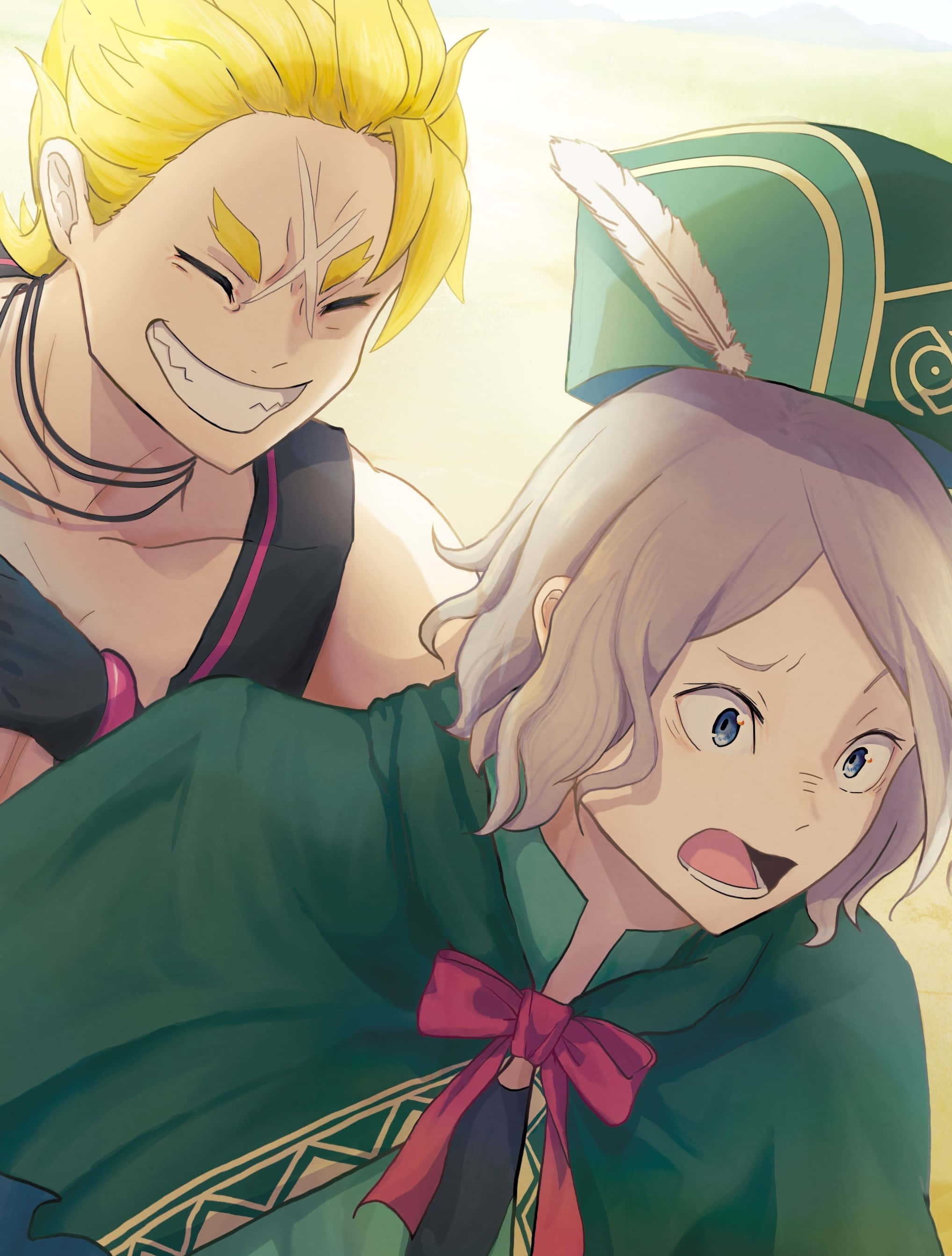 Garfiel Tinsel 桌布 壁紙 — 一個開朗的金髮動漫男人對著一個穿著綠色斗篷、繫著粉紅色蝴蝶結的驚訝女孩咧嘴笑。
