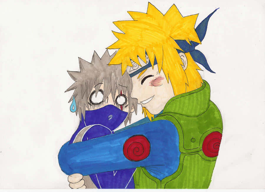Kakashi And Minato 桌布 壁紙 — 一個開朗的金髮動漫男孩穿著綠色外套，擁抱著一個淚眼汪汪的灰髮男孩，後者穿著紫色服裝。