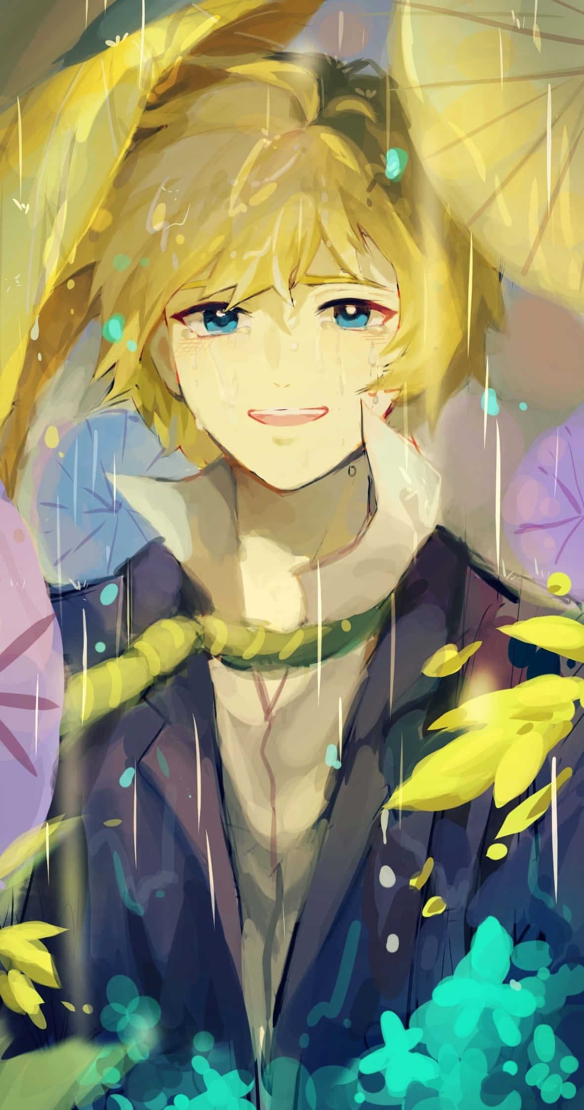 Teruki Hanazawa 桌布 壁紙 — 一個開朗的金髮藍眼動畫男孩在黃色雨傘下微笑，雨水在他周圍落下。