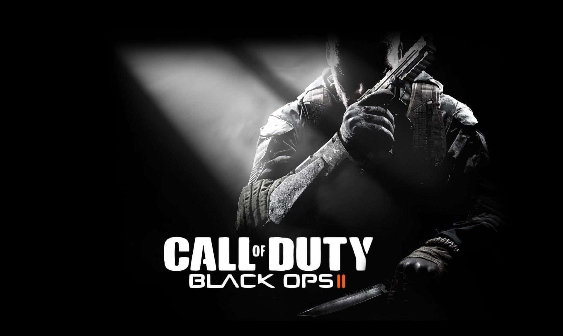 Black Ops 3 桌布 壁紙 — 一個陰影士兵身穿戰術裝備，在黑色背景上的戲劇性聚光燈下持步槍，並帶有遊戲標題文字。