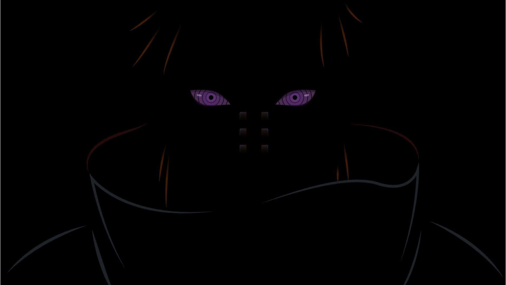 Naruto Black 桌布 壁紙 — 一個陰暗的動漫人物，擁有發光的紫色眼睛和高領，在黑色背景下強烈凝視。