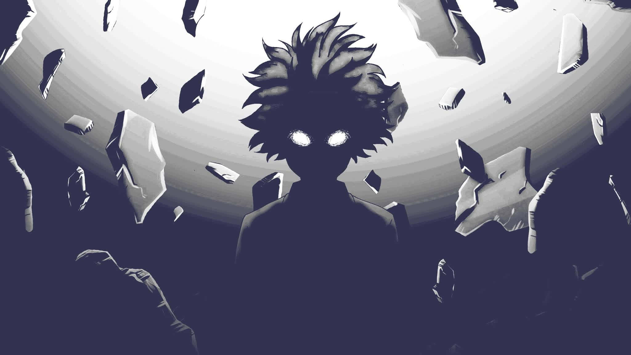 Shigeo Kageyama 桌布 壁紙 — 一個陰暗的動漫人物，眼睛發光，站在漸變背景中漂浮的破碎碎片之間。