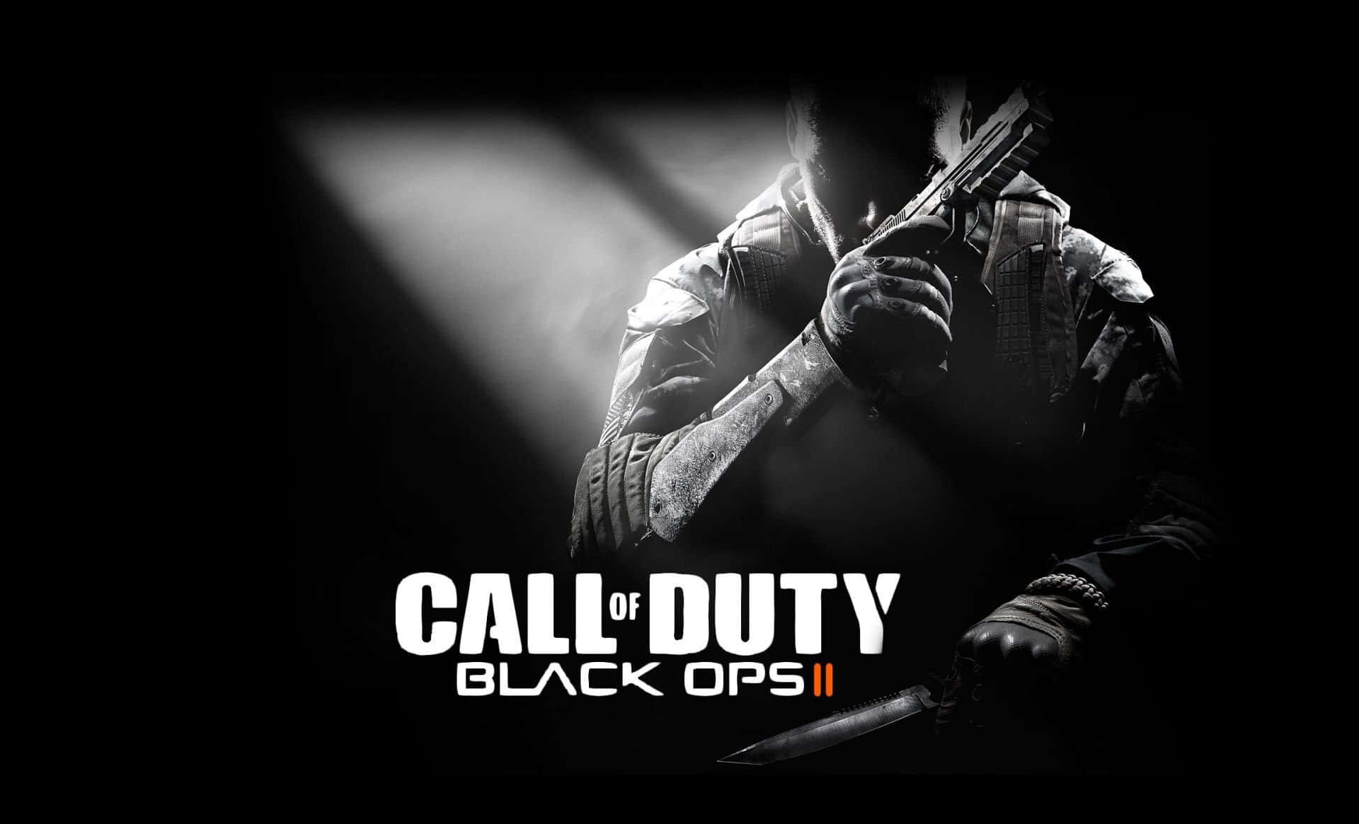 Cod 桌布 壁紙 — 一個陰暗的士兵穿著戰術裝備，在黑色背景的強烈聚光燈下拿著步槍和刀。