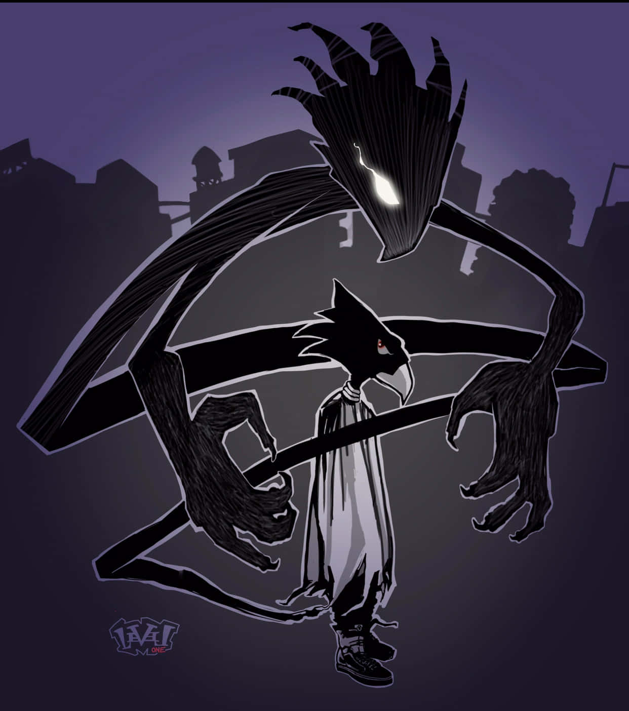 Fumikage Tokoyami 桌布 壁紙 — 一個陰暗的怪物身影，眼睛發光，在夜晚黑暗的城市天際線上，俯視著一個孤獨的烏鴉般人形生物。