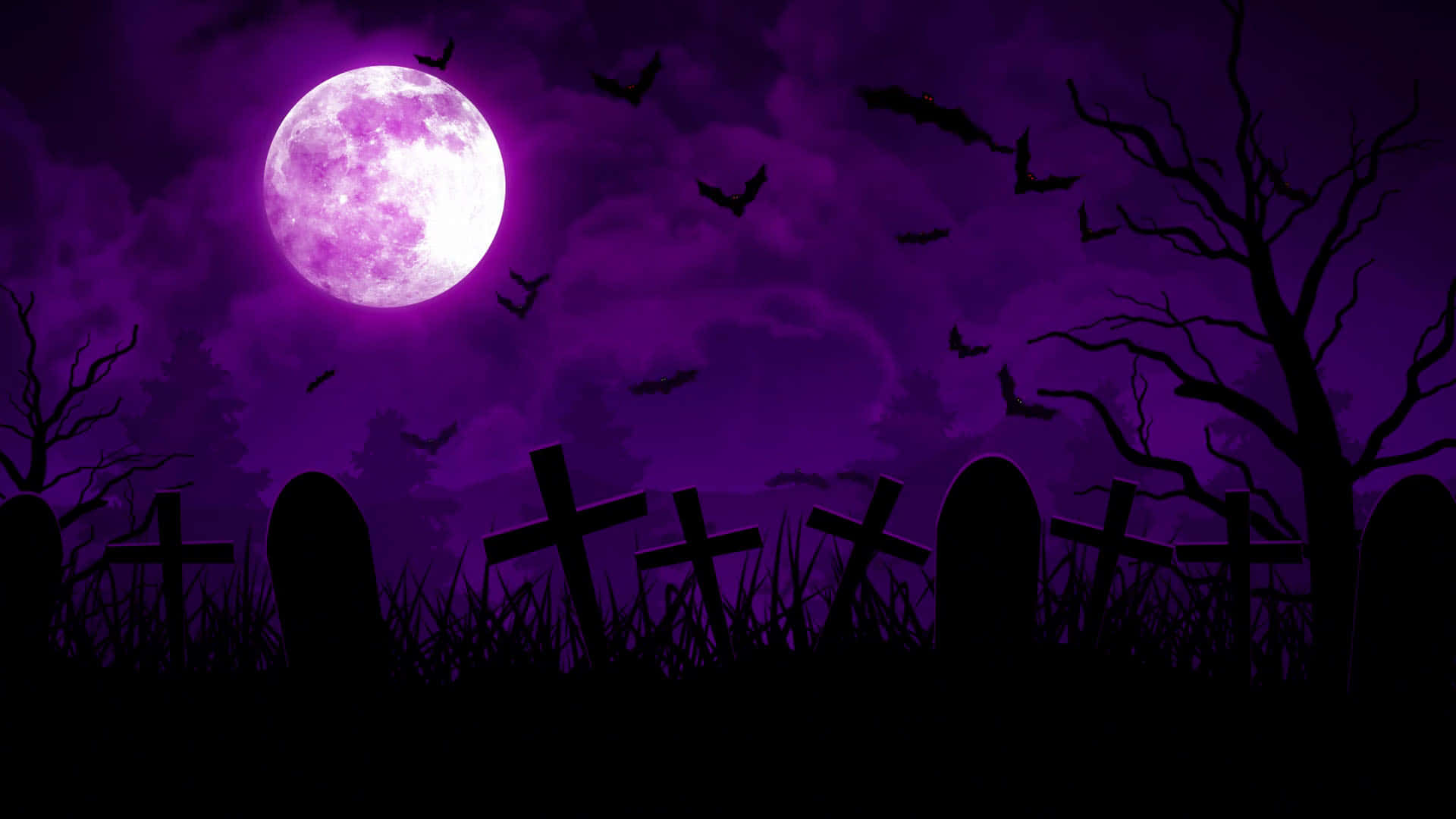 Spooky Halloween 桌布 壁紙 — 一個陰森的墓地，在發光的紫色滿月下，襯托著黑暗的天空，有剪影的墓碑和飛翔的蝙蝠。