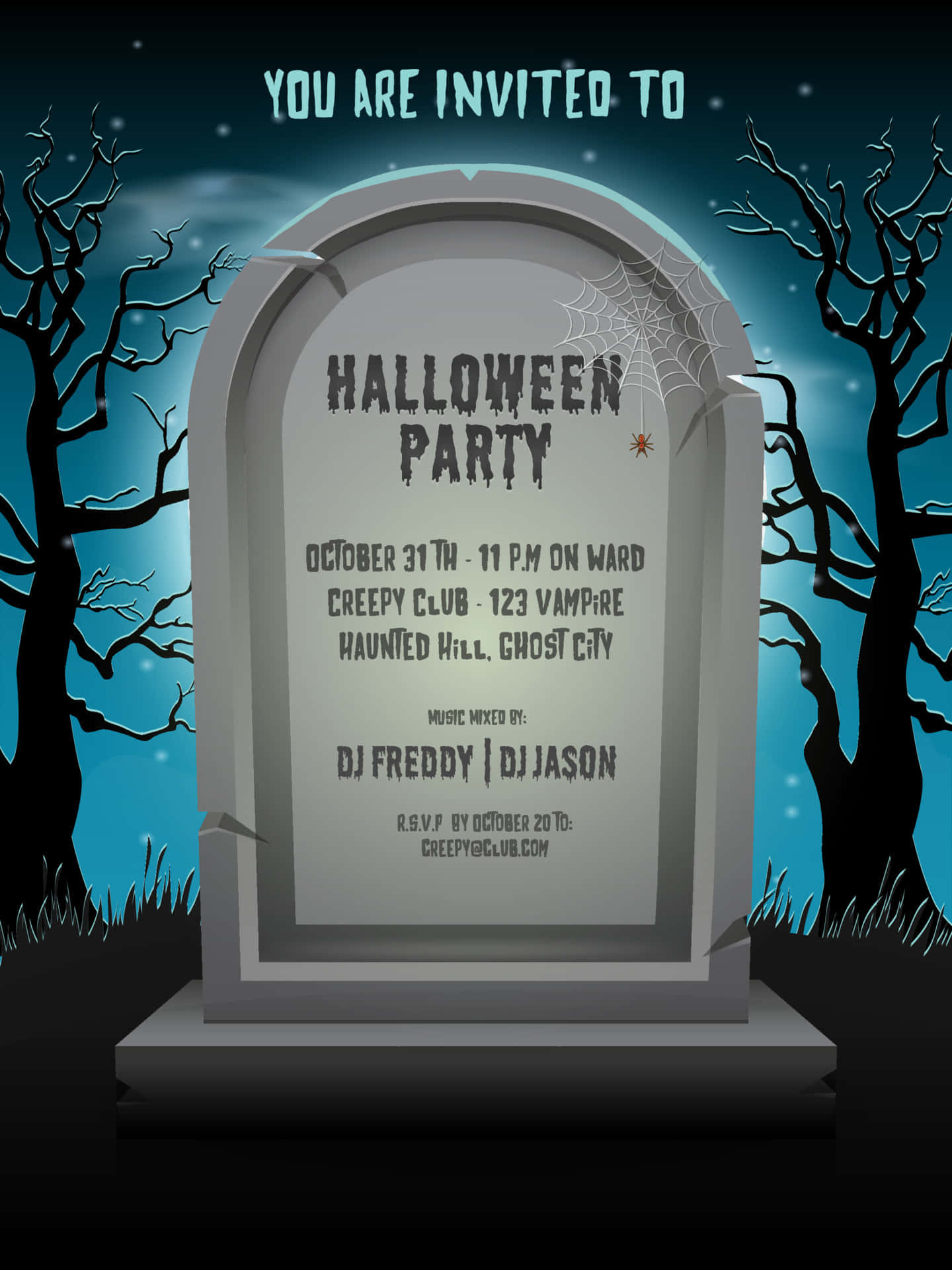 Halloween Invitations 桌布 壁紙 — 一個陰森的墓碑邀請客人參加在星空下、有光禿樹木和蜘蛛網的萬聖節派對。