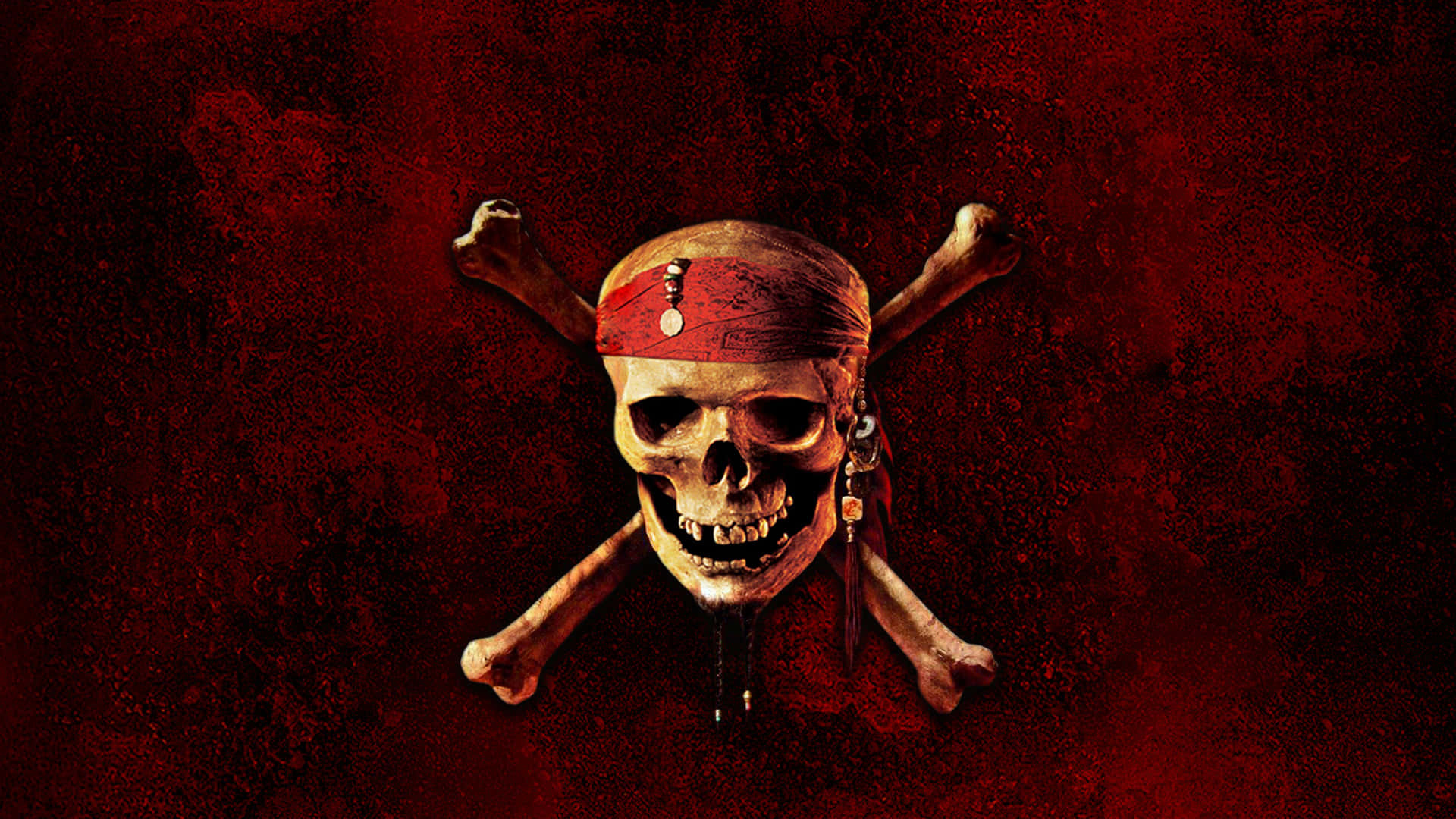 Pirates Of The Caribbean 桌布 壁紙 — 一個陰森的海盜骷髏頭，戴著紅色頭巾和交叉骨頭，在帶有紋理的深紅色背景上滴著血。
