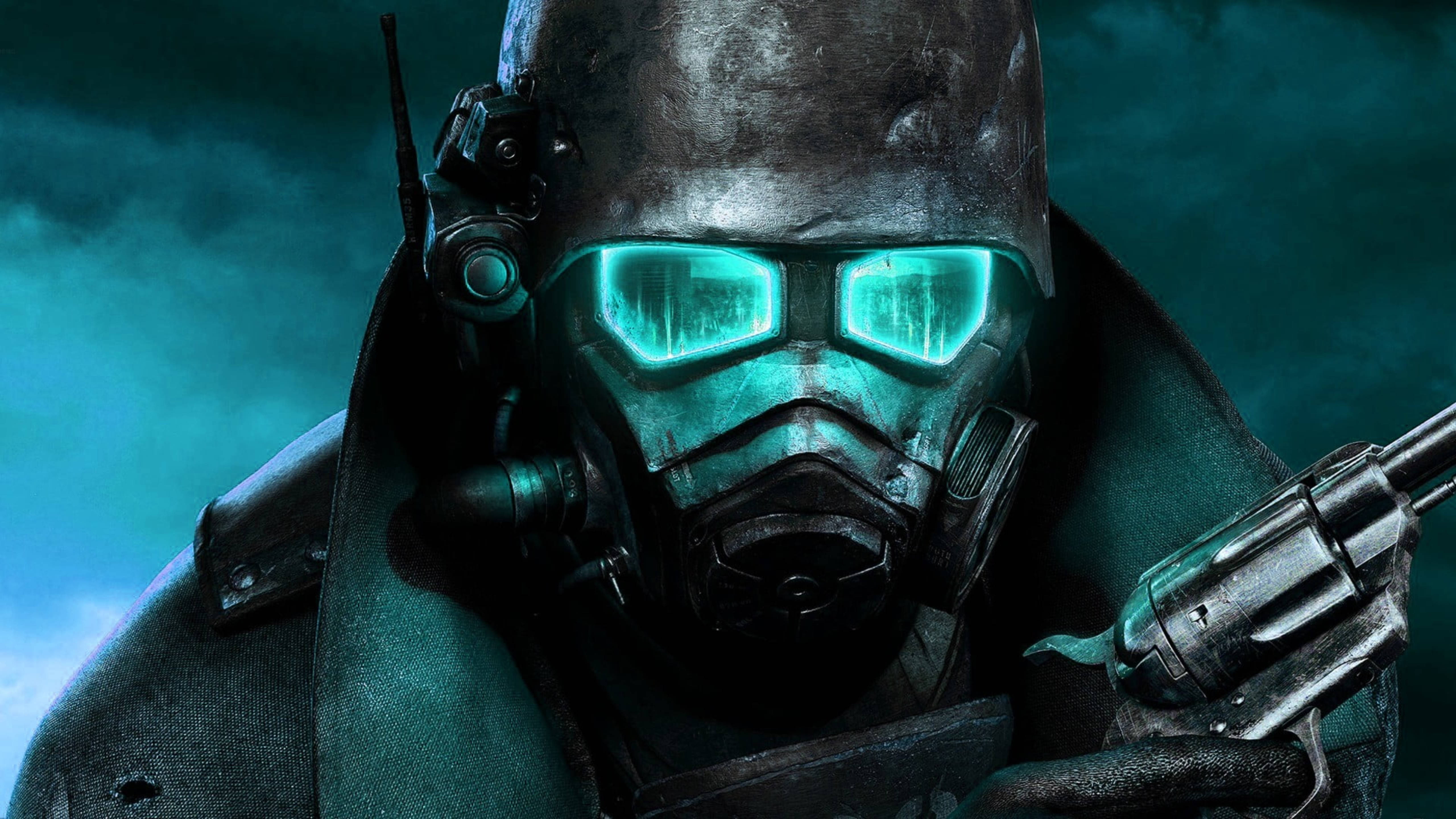 Fallout 4 桌布 壁紙 — 一個陰沉的未來士兵，戴著深色頭盔和發光的青色面罩，在暴風雨的藍綠色天空中握著一把左輪手槍。