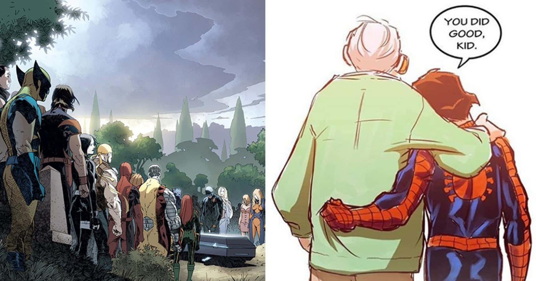 Stan Lee Tribute 桌布 壁紙 — 一個陰沉的漫畫格顯示一群人在墓前哀悼，而另一格則描繪一位年長男子擁抱年輕的蜘蛛俠，給予安慰的擁抱。