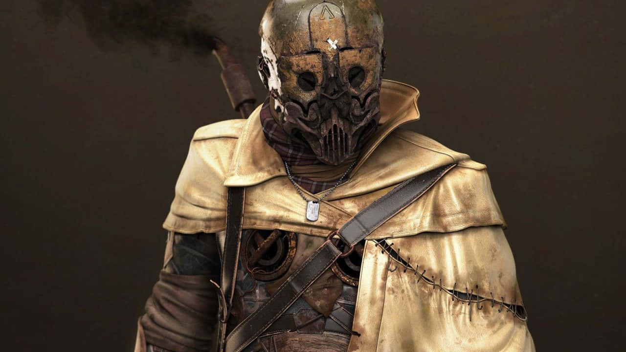 Fallout Characters 桌布 壁紙 — 一個陰沉的蒙面戰士穿著破爛的金色盔甲，站在黑暗的背景中，武器上冒著煙。
