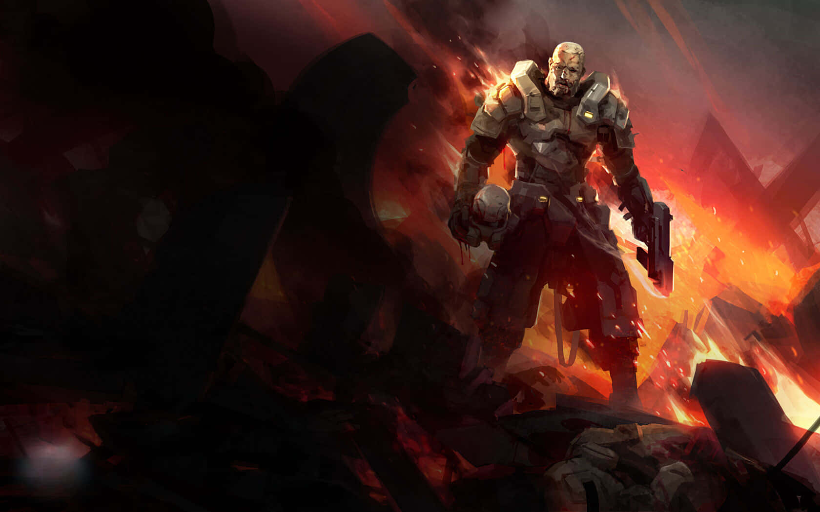 Moba Games 桌布 壁紙 — 一個陰沉的裝甲士兵在燃燒的廢墟中，周圍有發光的紅色餘燼和黑暗的煙霧旋轉，他挑釁地站立著。