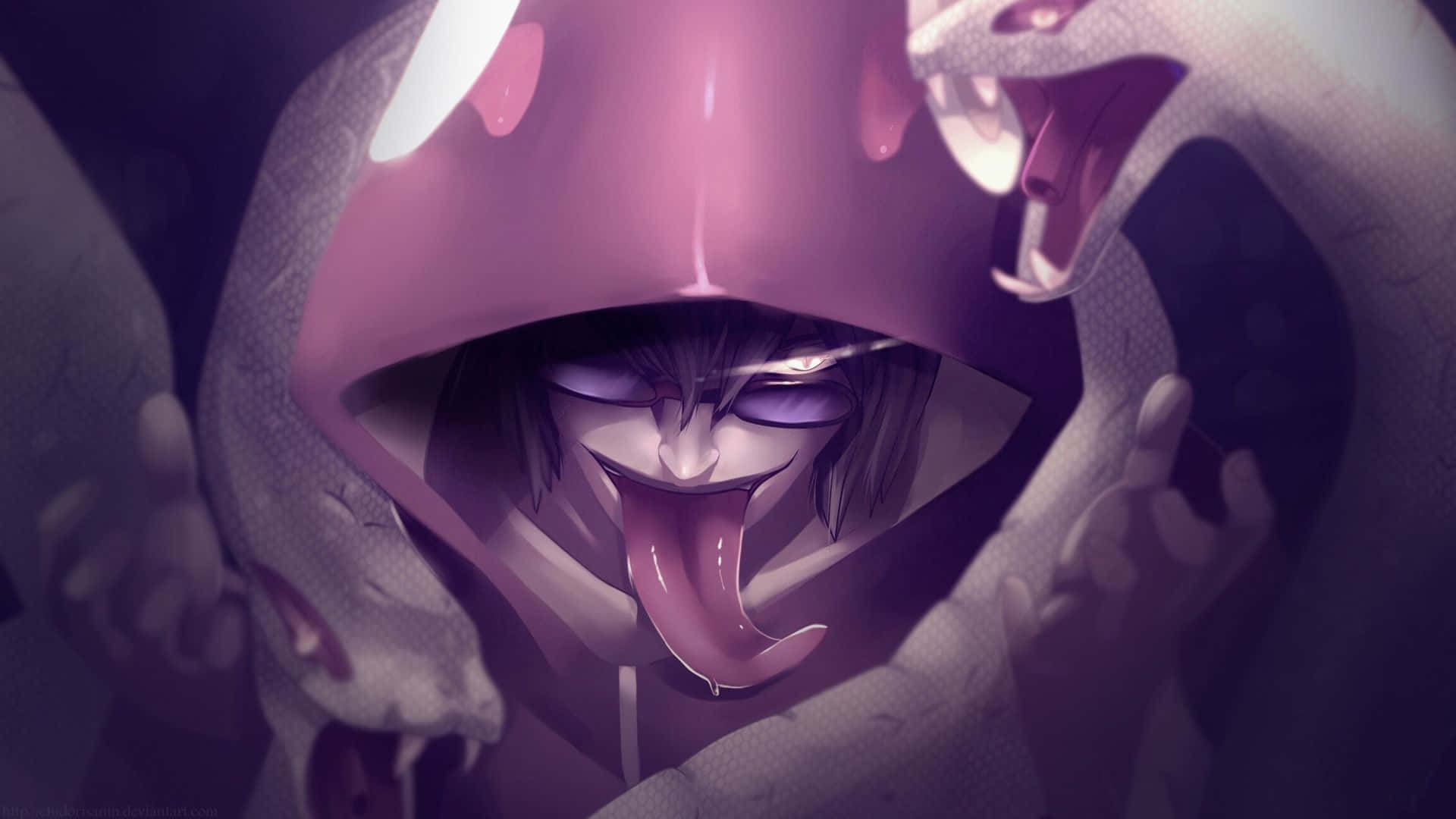 Purple Anime 桌布 壁紙 — 一個陰險的動漫角色，長舌頭和發光的眼睛，在深紫色環境中被兩條大蛇擁抱。
