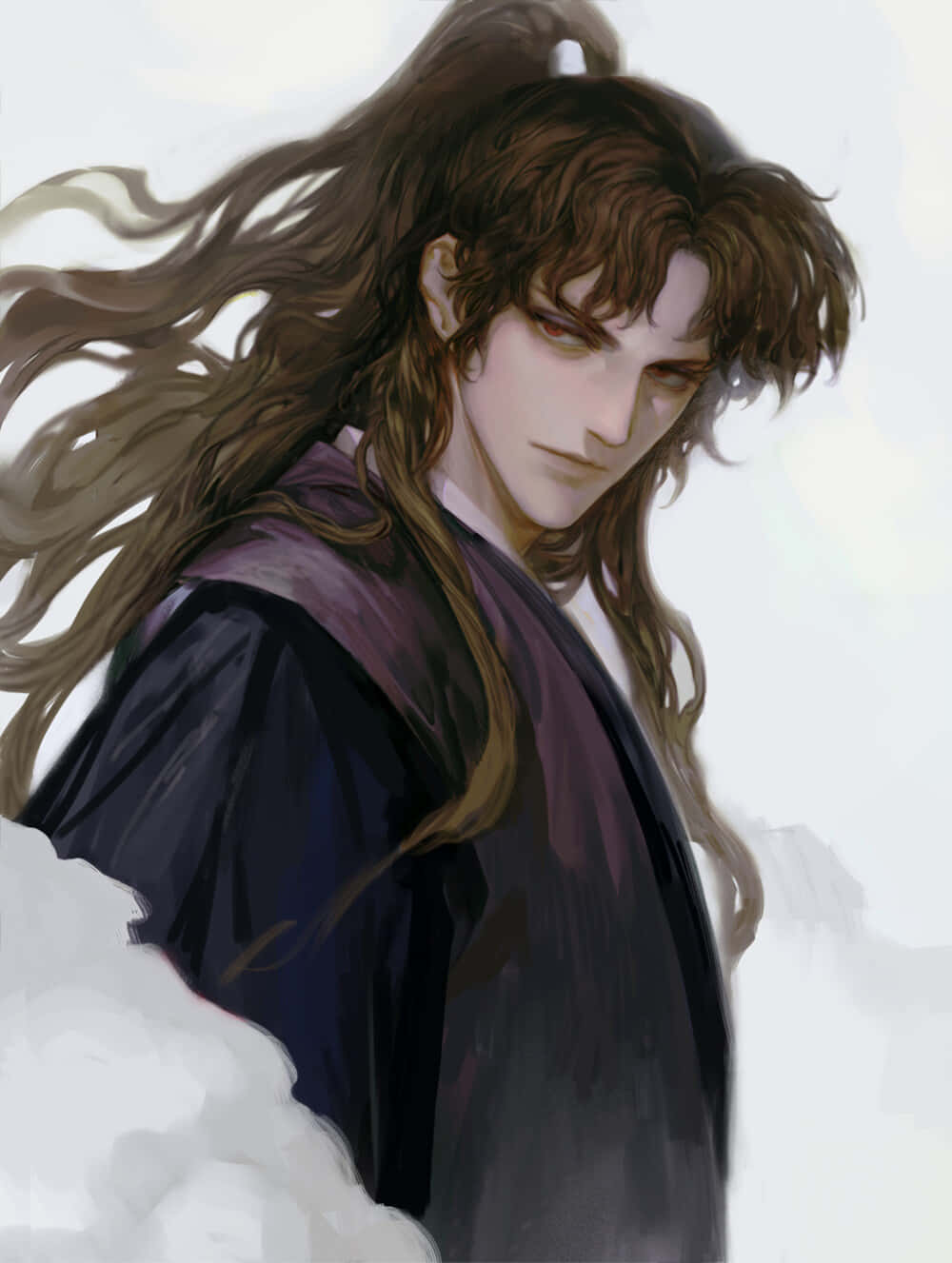 Naraku 桌布 壁紙 — 一個陰鬱的動漫戰士，長長的棕色頭髮和深色長袍，站在柔和白色背景上旋轉的雲層中。